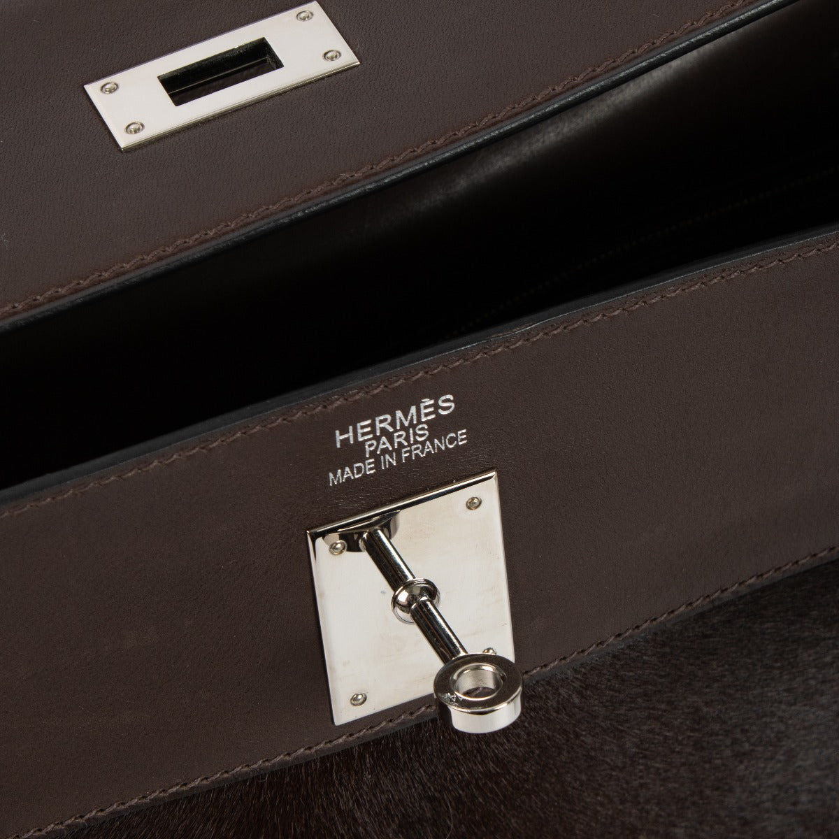 Hermès Kelly 35 Troika Cheveux de poney/veau Evercalf Ebene Métal palladié