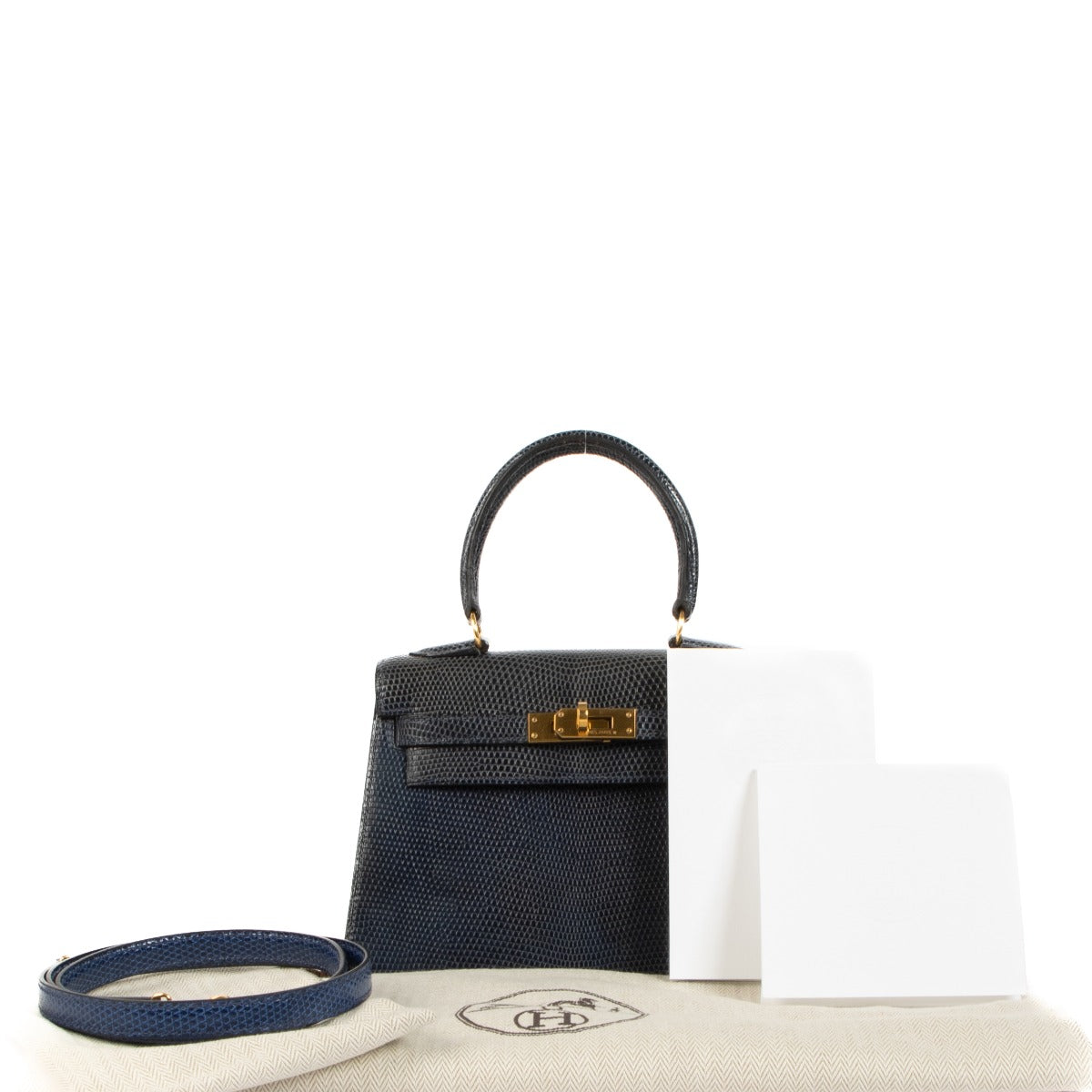 Hermès Vintage Mini Kelly 20 Bleu Saphir Varanus Salvator Lizard Gold Hardware
