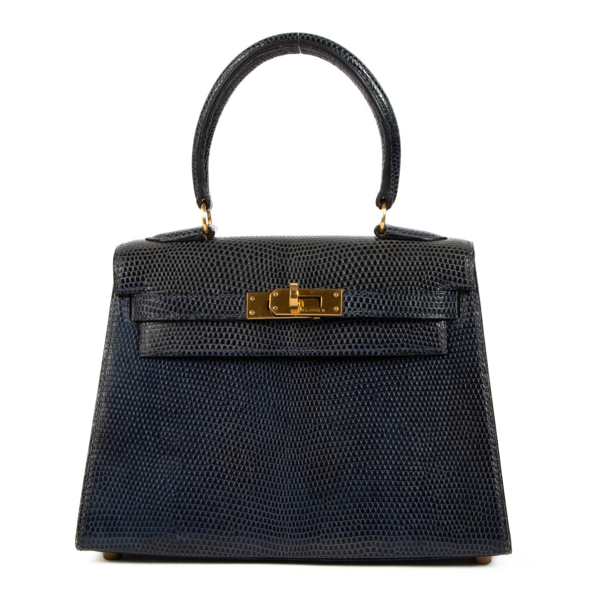 Hermès Vintage Mini Kelly 20 Bleu Saphir Shiny Varanus Salvator Lizard Gold Hardware