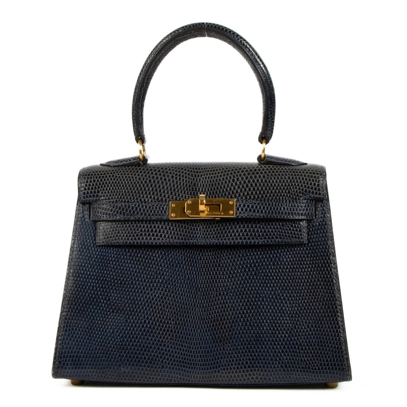 Hermès Vintage Mini Kelly 20 Bleu Saphir Shiny Varanus Salvator Lizard Gold Hardware