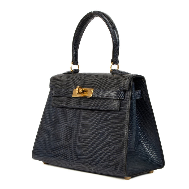 Authentic second hand Hermès Vintage Mini Kelly 20 Bleu Saphir Varanus Salvator Lizard Gold Hardware on www.labellov.com