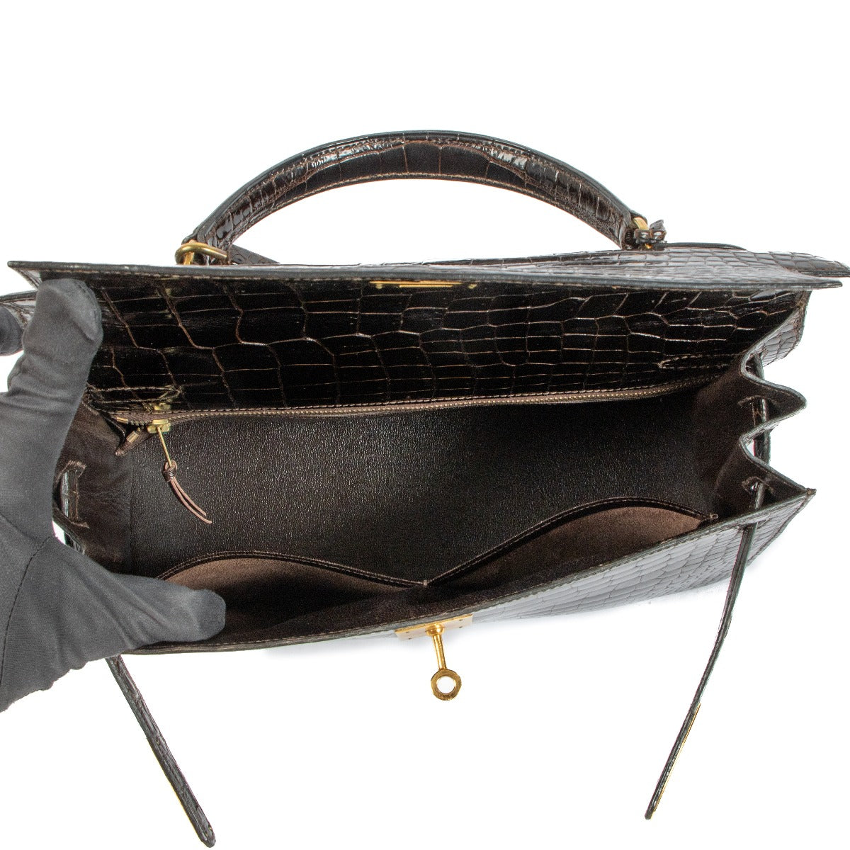 Hermès Vintage Kelly 32 Dark Brown Shiny Porosus Crocodile GHW