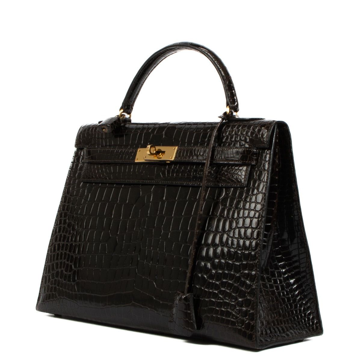 Authentic second hand Hermès Vintage Kelly 32 Dark Brown Crocodile Porosus by Labellov