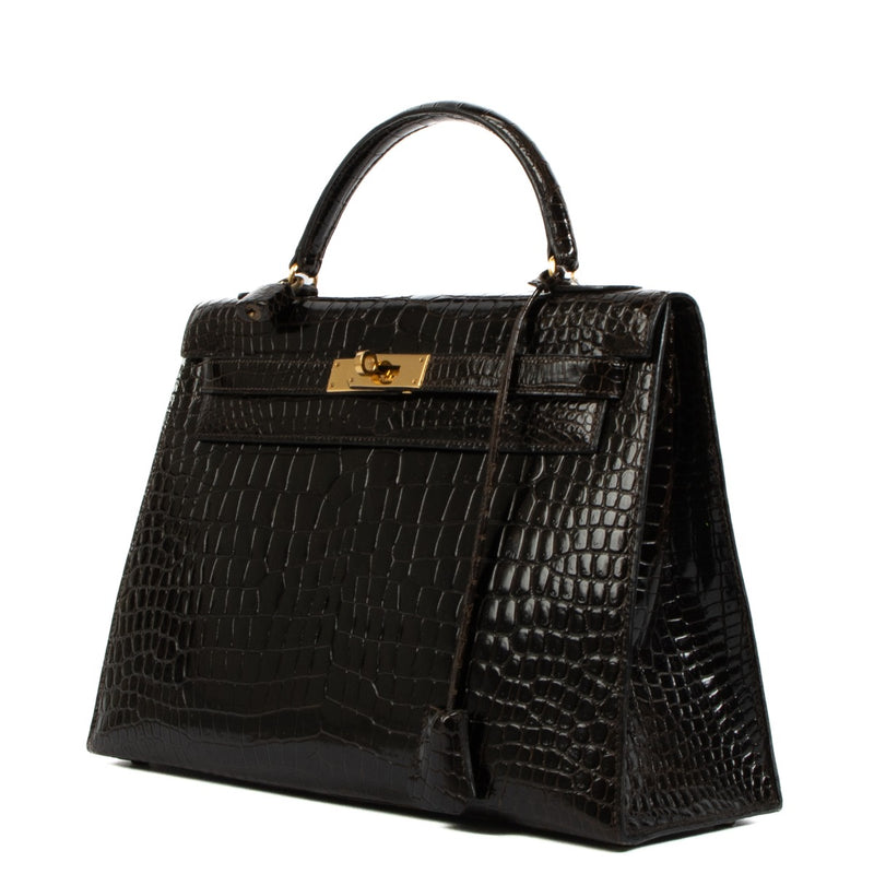 Authentic second hand Hermès Vintage Kelly 32 Dark Brown Crocodile Porosus by Labellov