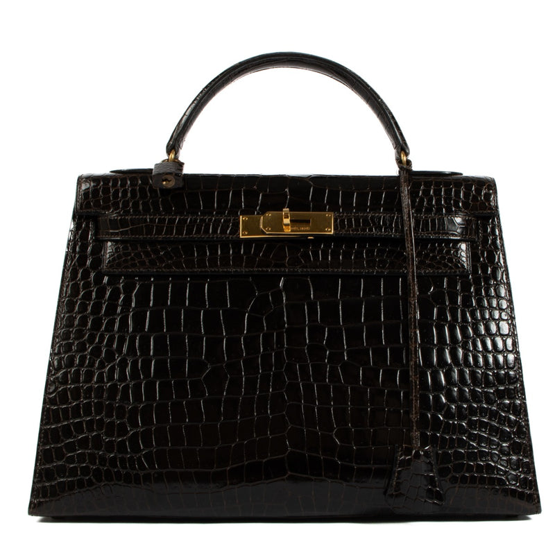 Hermès 1980s Kelly 32 Dark Brown Crocodile Porosus