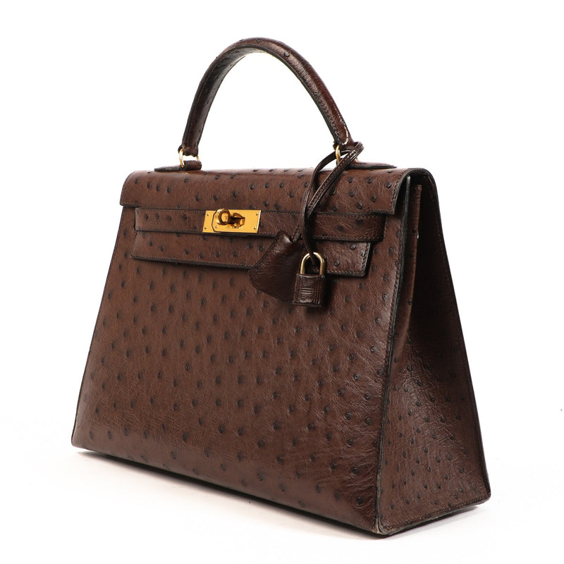 Hermès Kelly 32 Marron Foncé Ostrich Gold Hardware