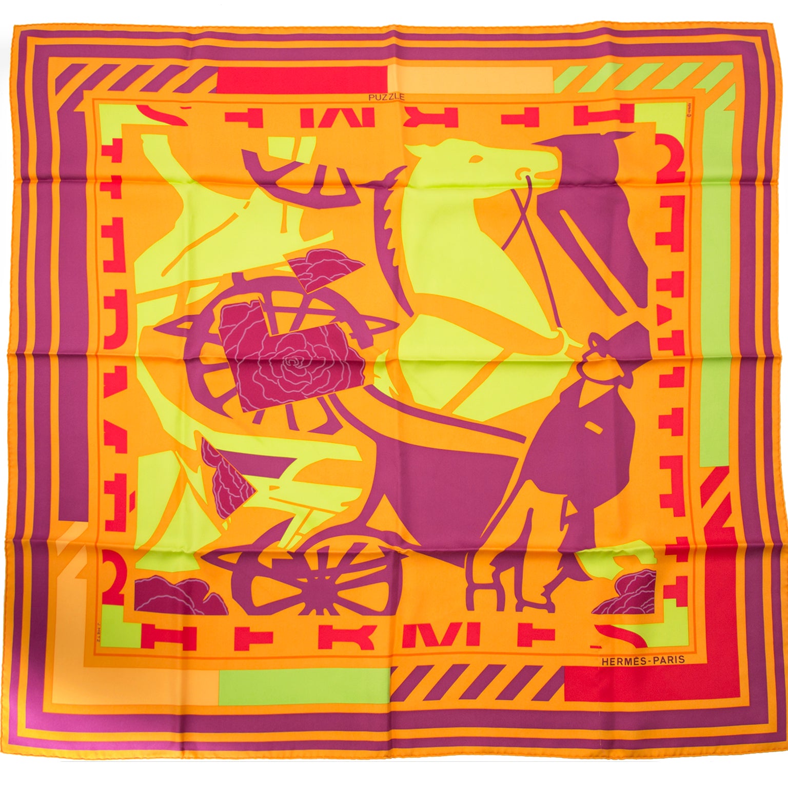 Hard to find vintage items such as this authentic Hermès Carré de Soie Puzzle de J. Metz for the best price