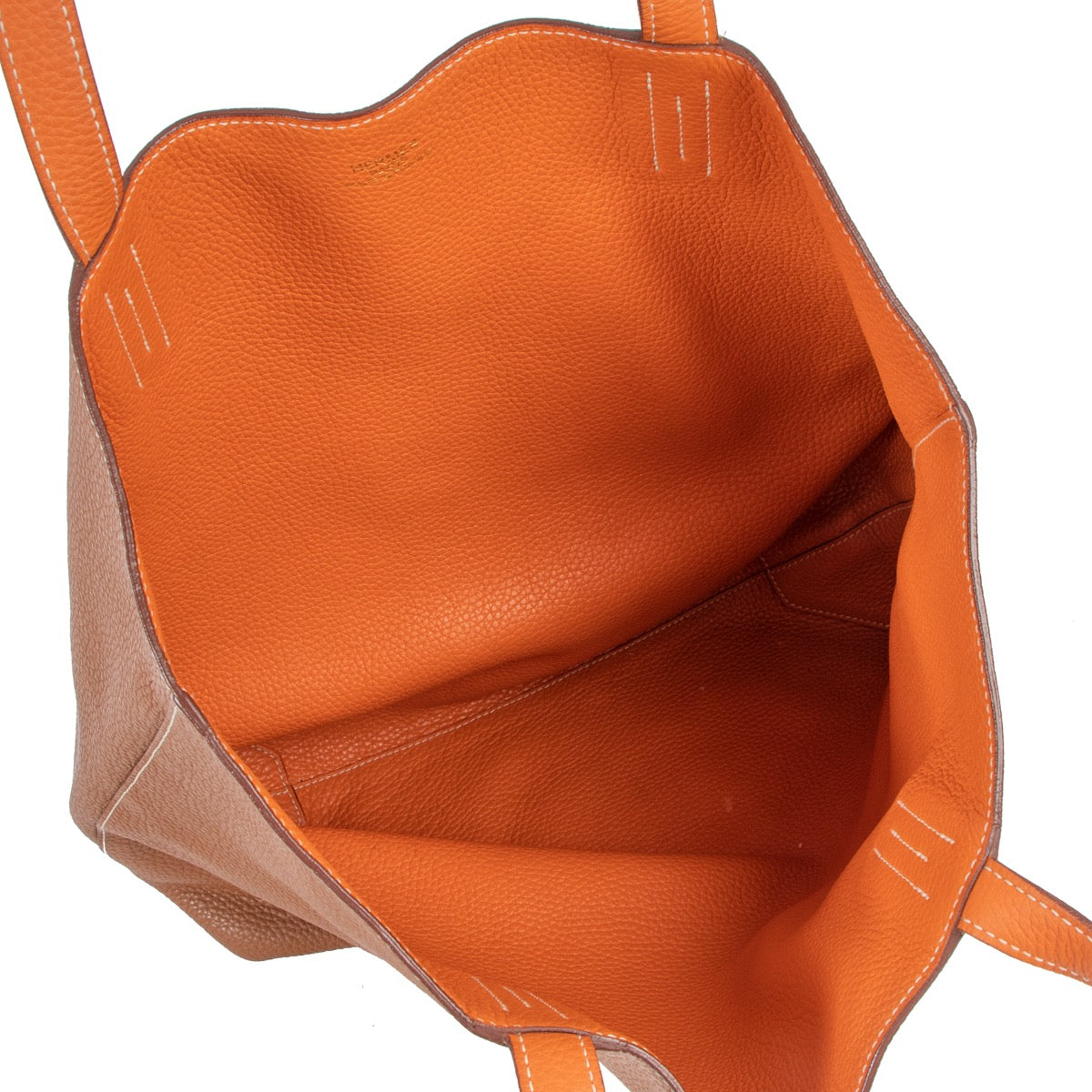Buy an authentic second hand Hermès Double Sens 45 Indian Brown/ Orange Clemence Leather Tote Bag in very good condition at Labellov.