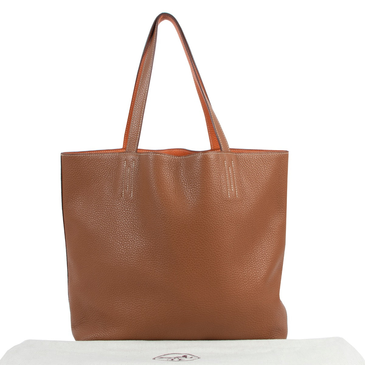 Buy an authentic second hand Hermès Double Sens 45 Indian Brown/ Orange Clemence Leather Tote Bag in very good condition at Labellov.