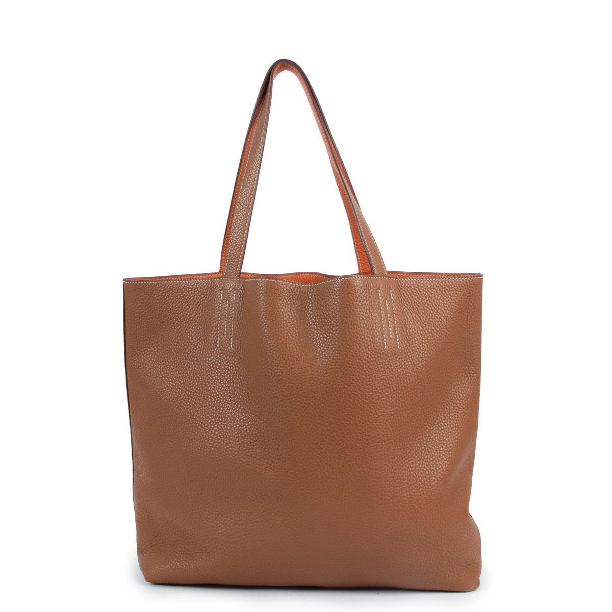 Buy an authentic second hand Hermès Double Sens 45 Indian Brown/ Orange Clemence Leather Tote Bag in very good condition at Labellov.