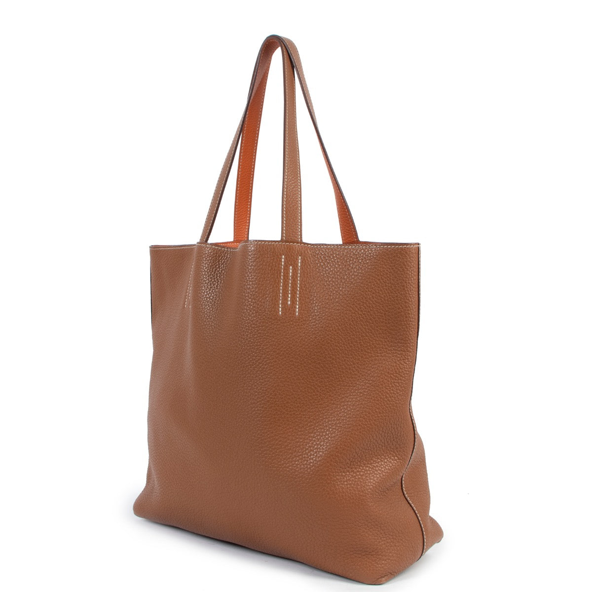Buy an authentic second hand Hermès Double Sens 45 Indian Brown/ Orange Clemence Leather Tote Bag in very good condition at Labellov.