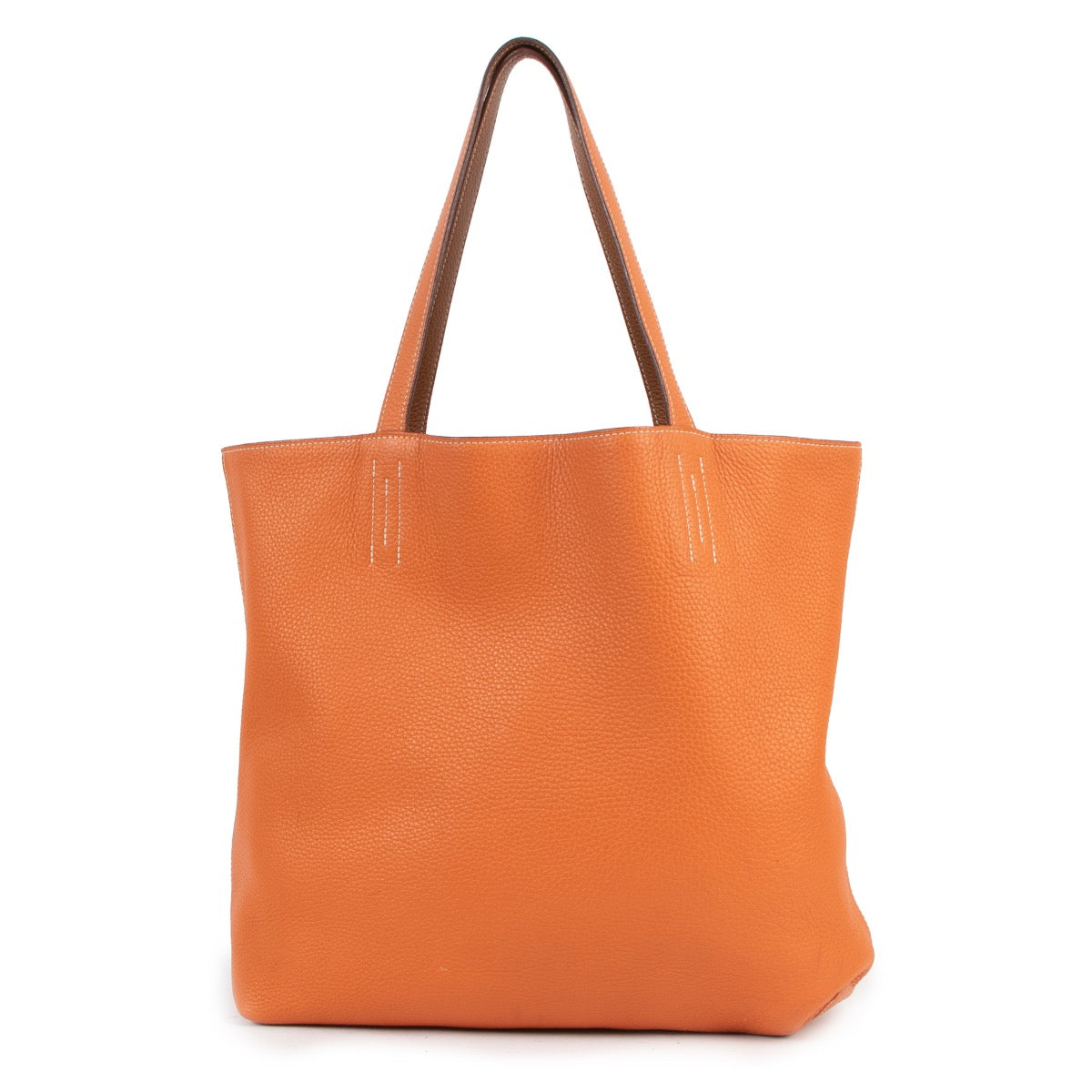 Buy an authentic second hand Hermès Double Sens 45 Indian Brown/ Orange Clemence Leather Tote Bag in very good condition at Labellov.