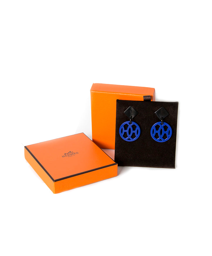 Hermès Buffalo Horn Earrings Blue Lacquer