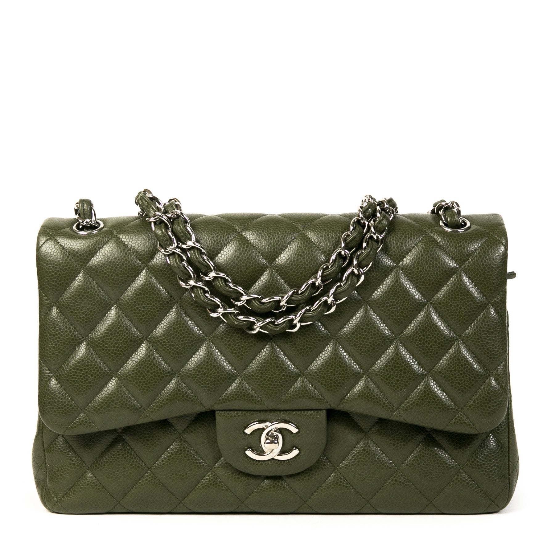 Authentieke Tweedehands Chanel Olive Green Jumbo Classic Double Flap Bag juiste prijs veilig online shoppen luxe merken webshop winkelen Antwerpen België mode fashion