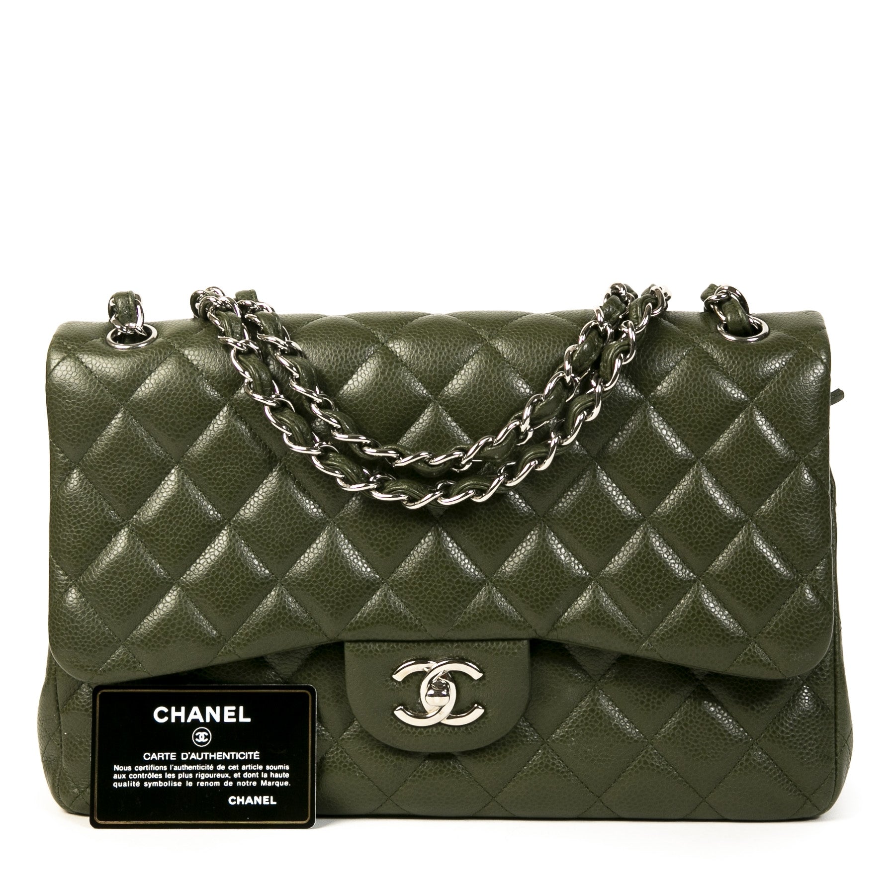 Authentieke Tweedehands Chanel Olive Green Jumbo Classic Double Flap Bag juiste prijs veilig online shoppen luxe merken webshop winkelen Antwerpen België mode fashion