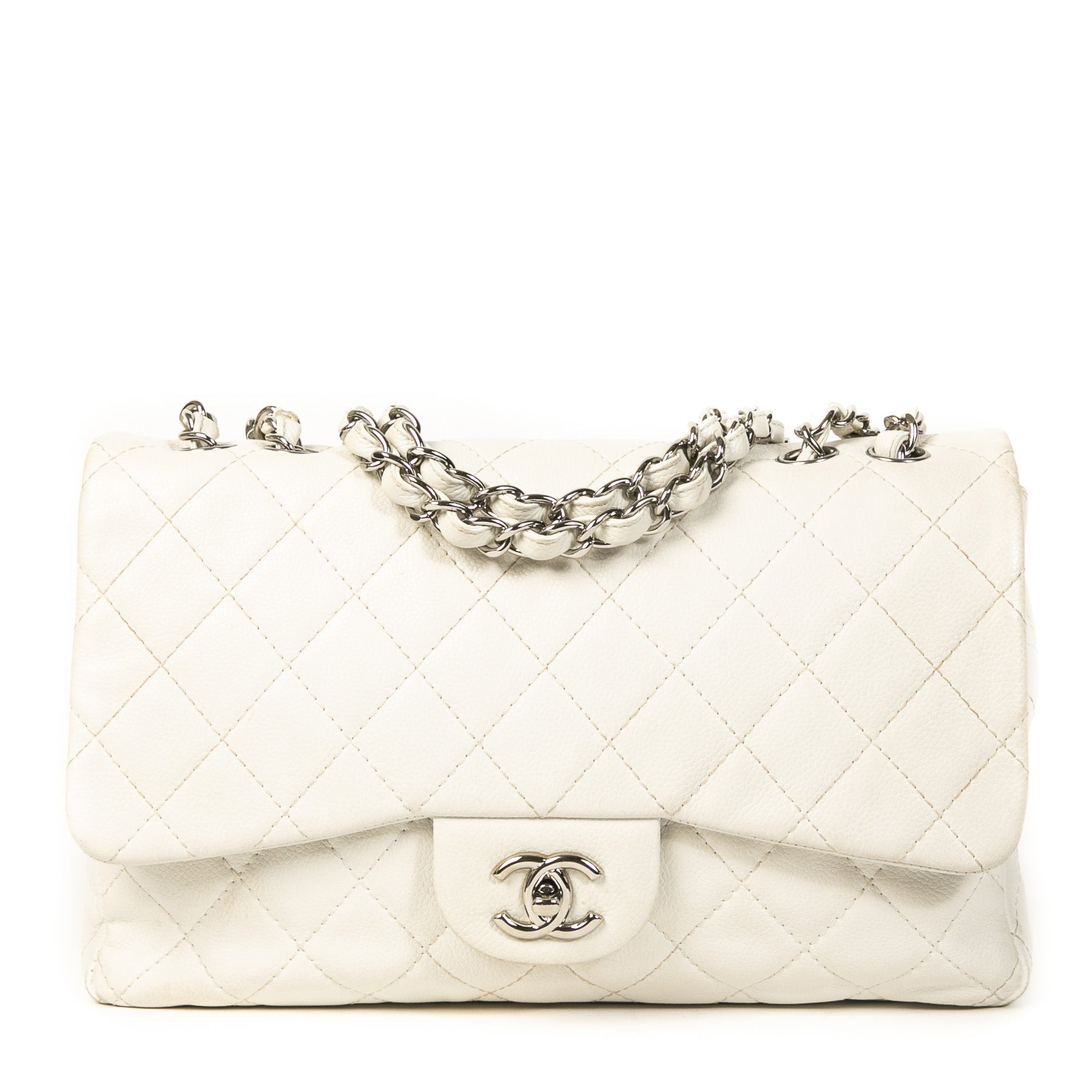 Authentieke Tweedehands Chanel White Caviar Leather Jumbo Classic Flap Bag juiste prijs veilig online shoppen luxe merken webshop winkelen Antwerpen België mode fashion