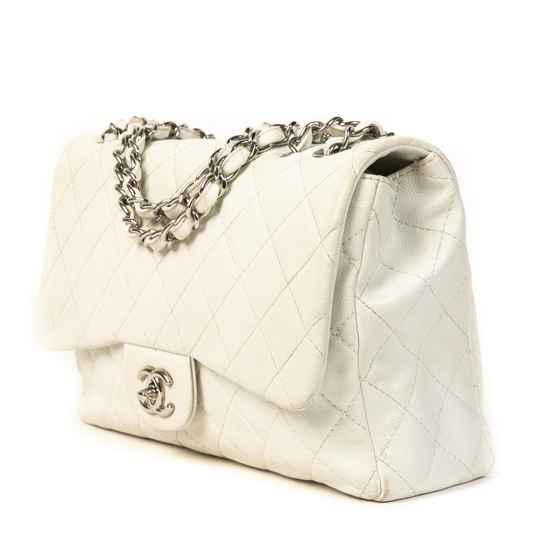 Authentieke Tweedehands Chanel White Caviar Leather Jumbo Classic Flap Bag juiste prijs veilig online shoppen luxe merken webshop winkelen Antwerpen België mode fashion