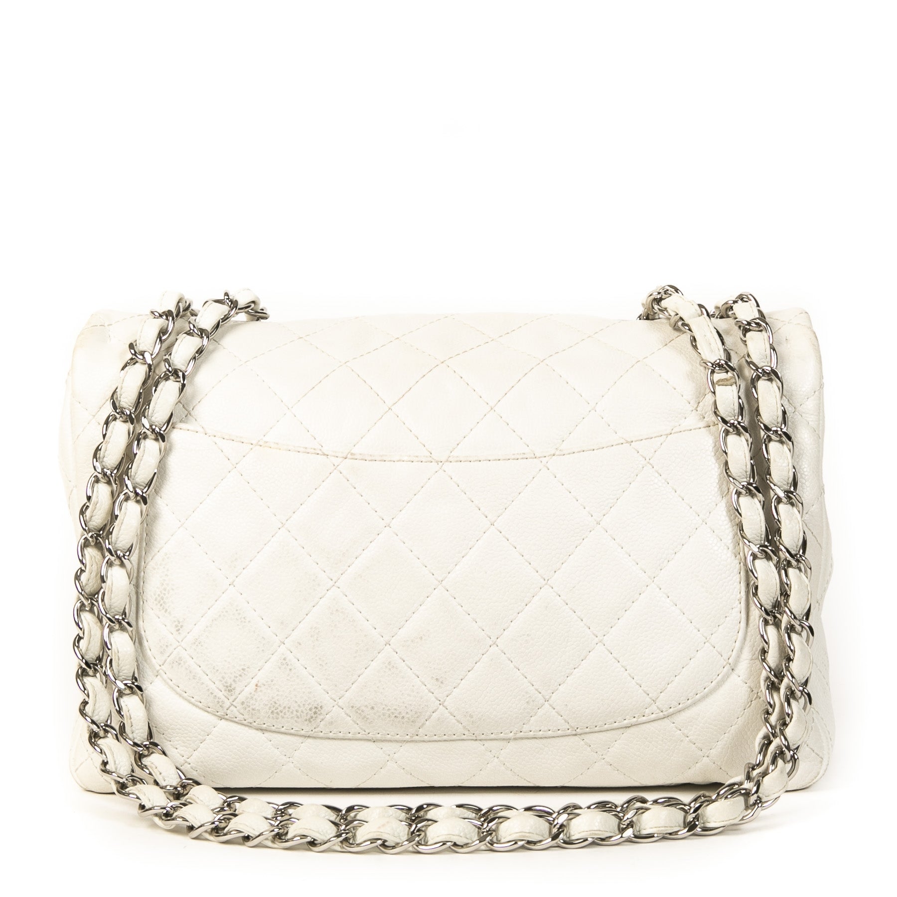 Authentieke Tweedehands Chanel White Caviar Leather Jumbo Classic Flap Bag juiste prijs veilig online shoppen luxe merken webshop winkelen Antwerpen België mode fashion