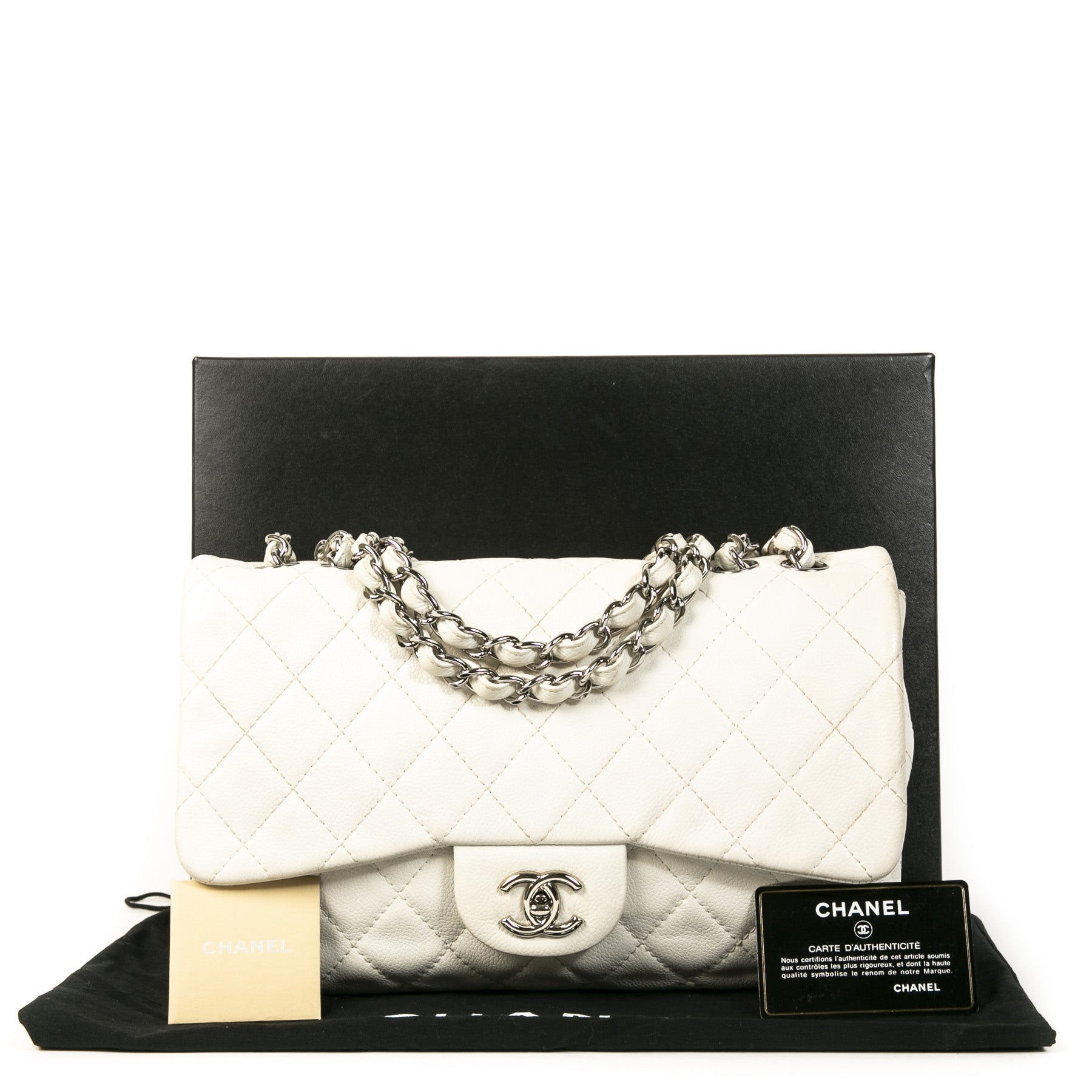 Authentieke Tweedehands Chanel White Caviar Leather Jumbo Classic Flap Bag juiste prijs veilig online shoppen luxe merken webshop winkelen Antwerpen België mode fashion