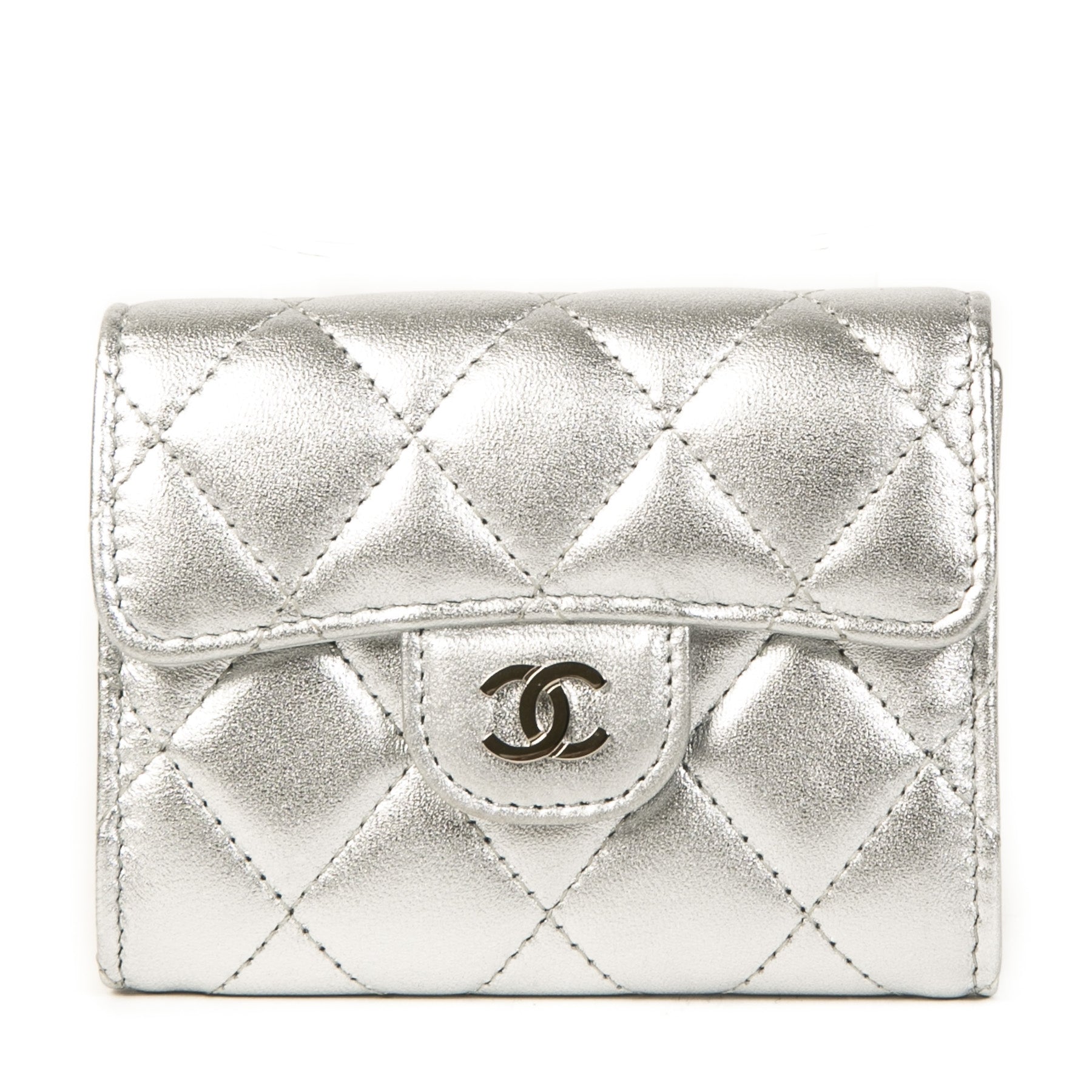 Chanel Metallic Silver Quilted Leather Coins Wallet