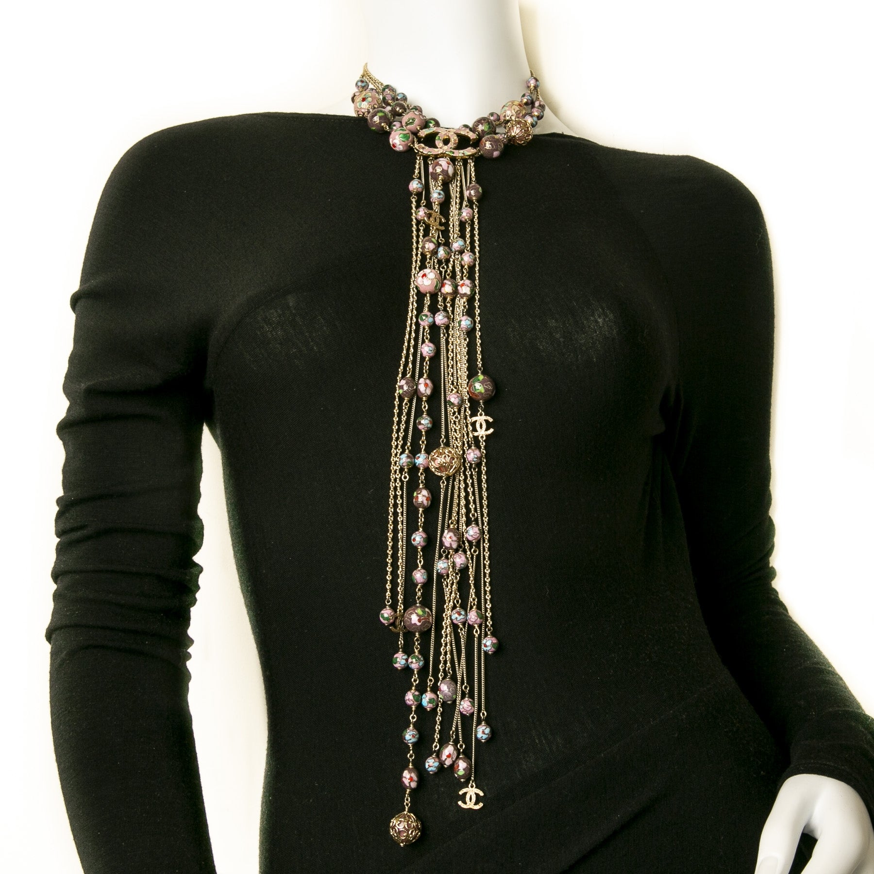 Chanel Gold & Purple Flower Pearl Necklace with CC Logo