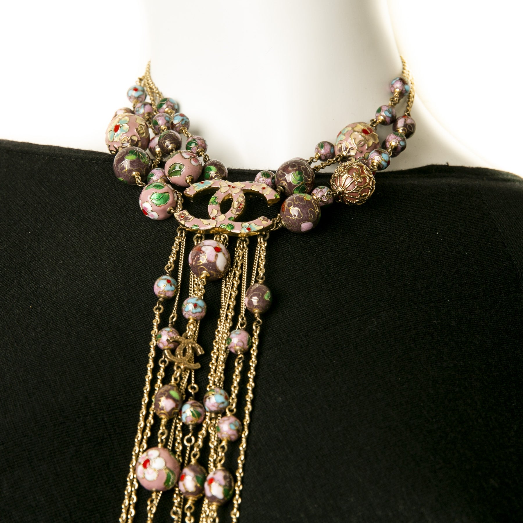 Chanel Gold & Purple Flower Pearl Necklace with CC Logo