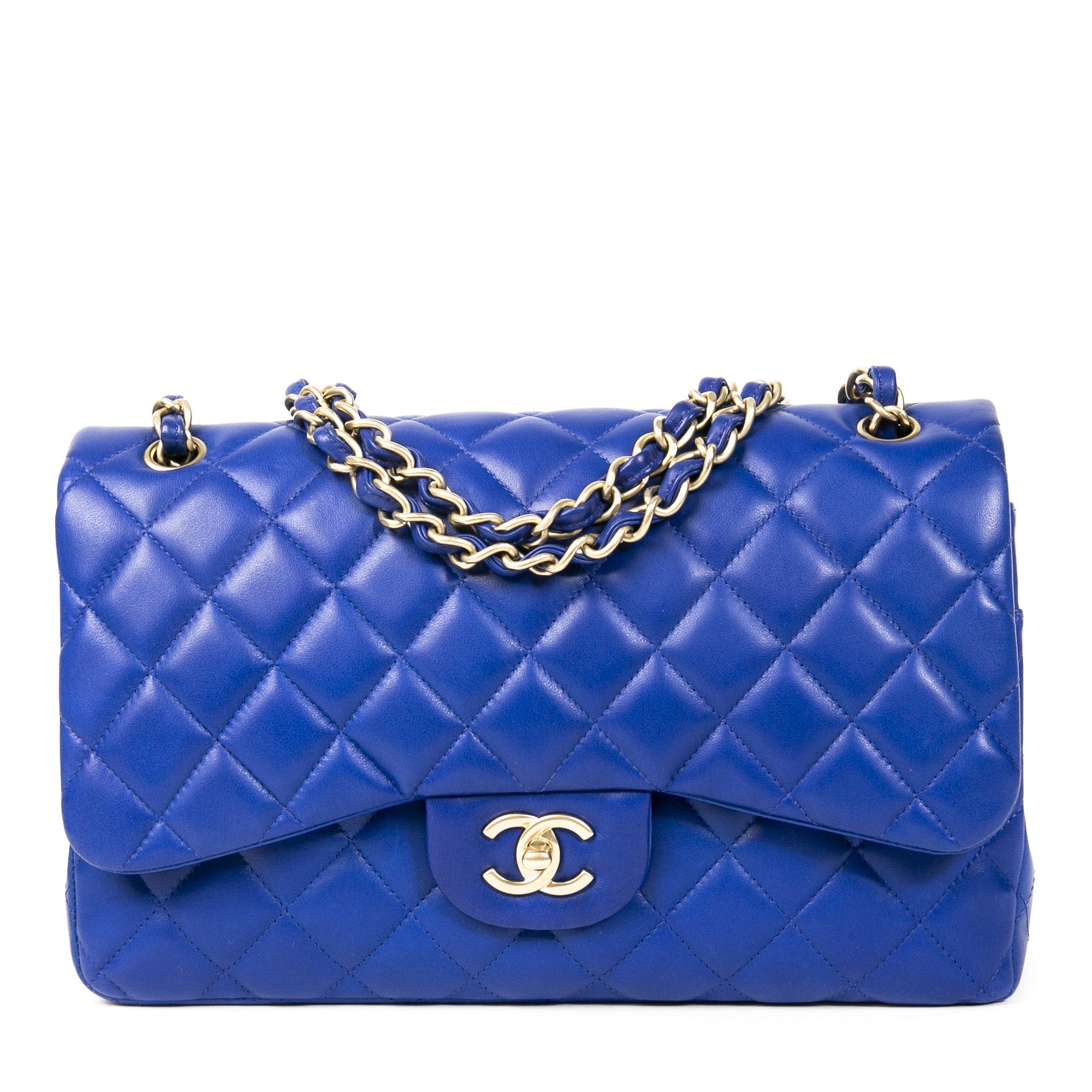 Authentieke Tweedehands Chanel Cobalt Blue Jumbo Classic Double Flap Bag juiste prijs veilig online shoppen luxe merken webshop winkelen Antwerpen België mode fashion