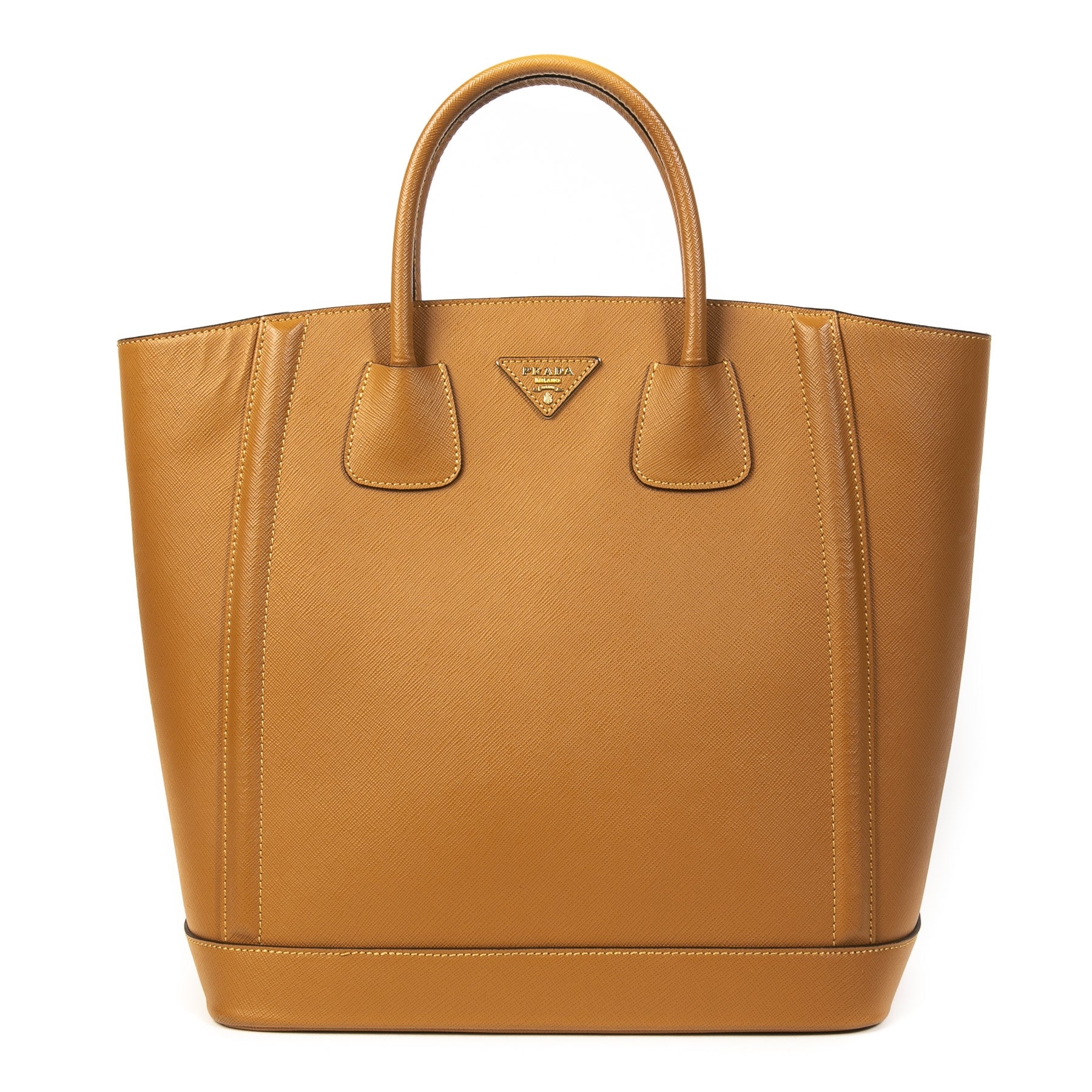 Authentieke Tweedehands Prada Cognac Leather Top Handle Tote Bag juiste prijs veilig online shoppen luxe merken webshop winkelen Antwerpen België mode fashion