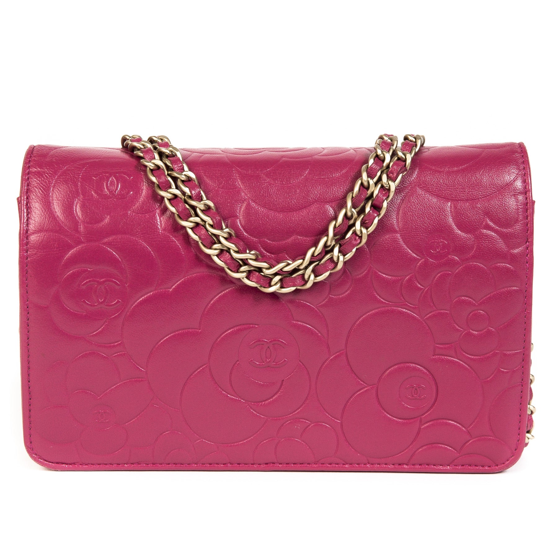We buy and sell your authentic designer bag online Chanel Pink Leather Floral Wallet On Chain