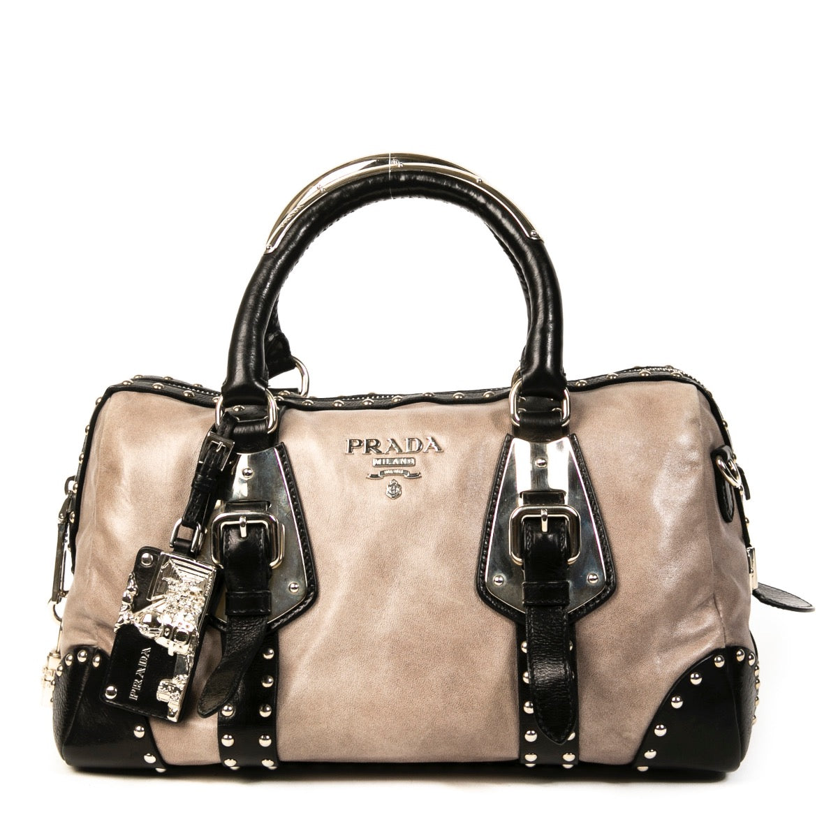 Buy an authentic second hand Prada Grey Leather Studded Top Handle in very good condition at Labellov