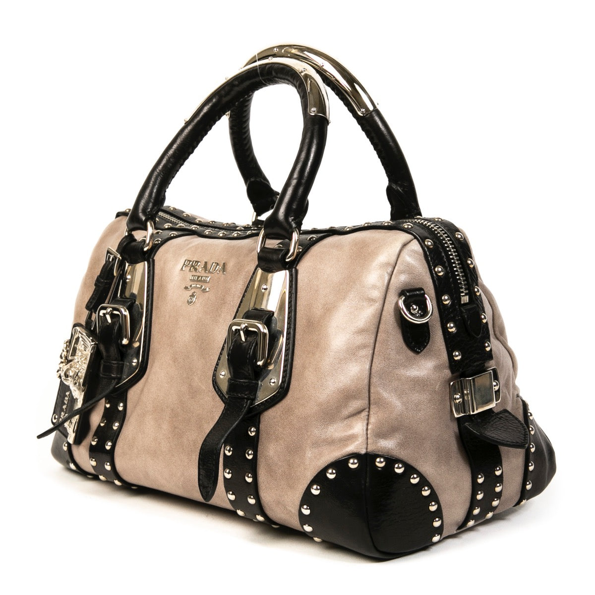 Buy an authentic second hand Prada Grey Leather Studded Top Handle in very good condition at Labellov