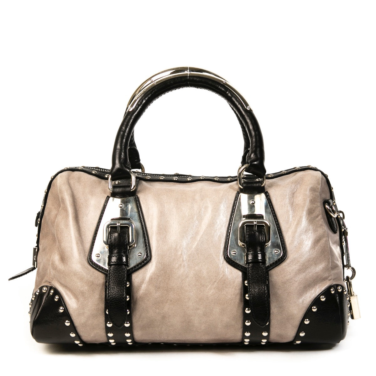 Buy an authentic second hand Prada Grey Leather Studded Top Handle in very good condition at Labellov