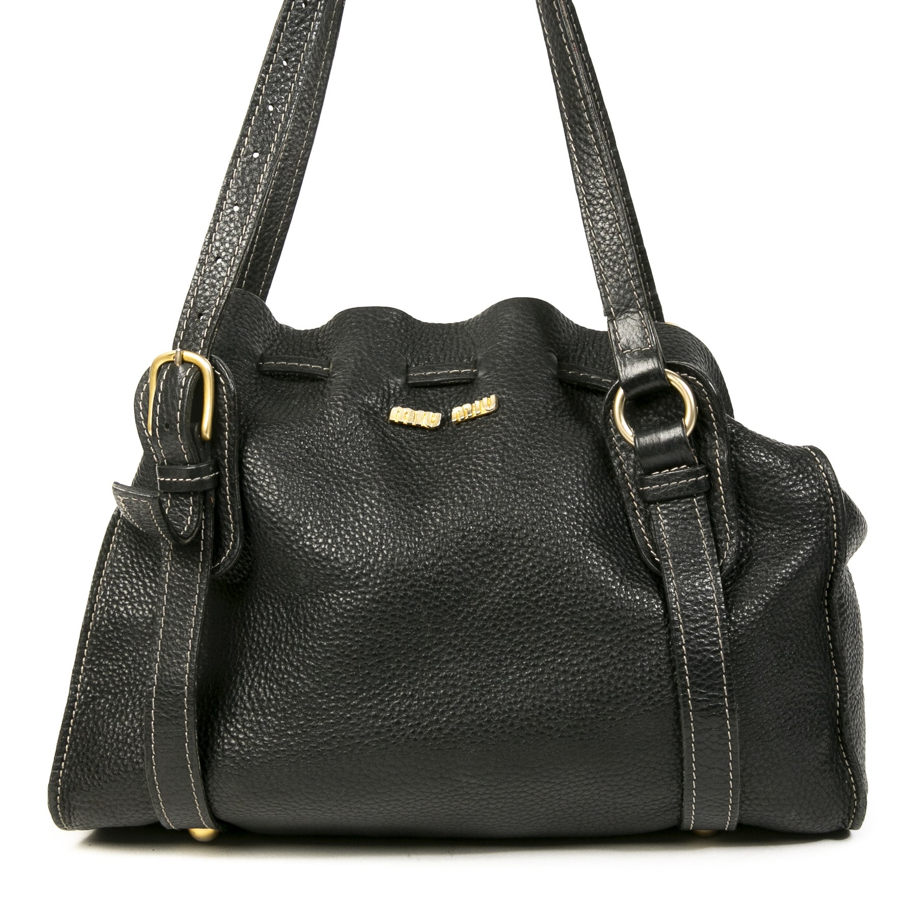 Authentieke Tweedehands Miu Miu Black Leather Drawstring Shoulder Bag juiste prijs veilig online shoppen luxe merken webshop winkelen Antwerpen België mode fashion