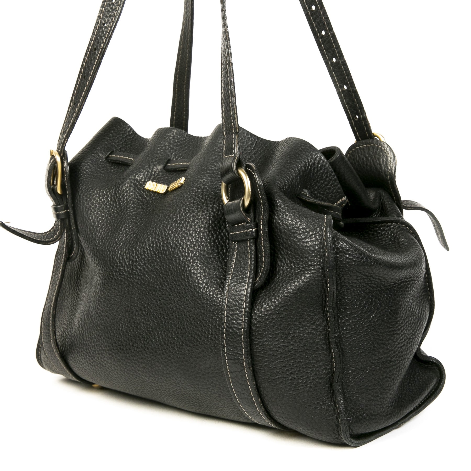 Authentieke Tweedehands Miu Miu Black Leather Drawstring Shoulder Bag juiste prijs veilig online shoppen luxe merken webshop winkelen Antwerpen België mode fashion