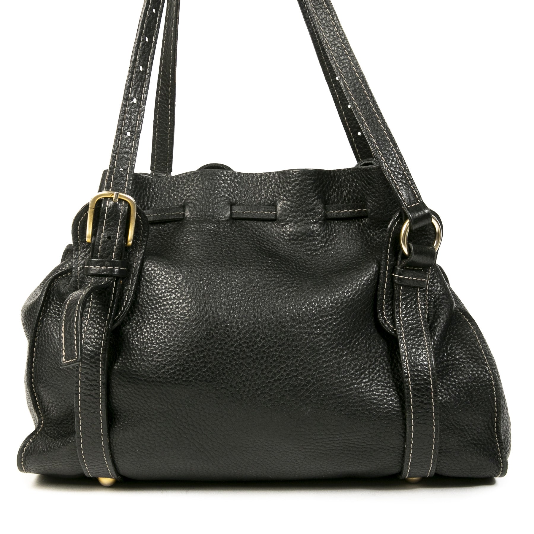 Authentieke Tweedehands Miu Miu Black Leather Drawstring Shoulder Bag juiste prijs veilig online shoppen luxe merken webshop winkelen Antwerpen België mode fashion