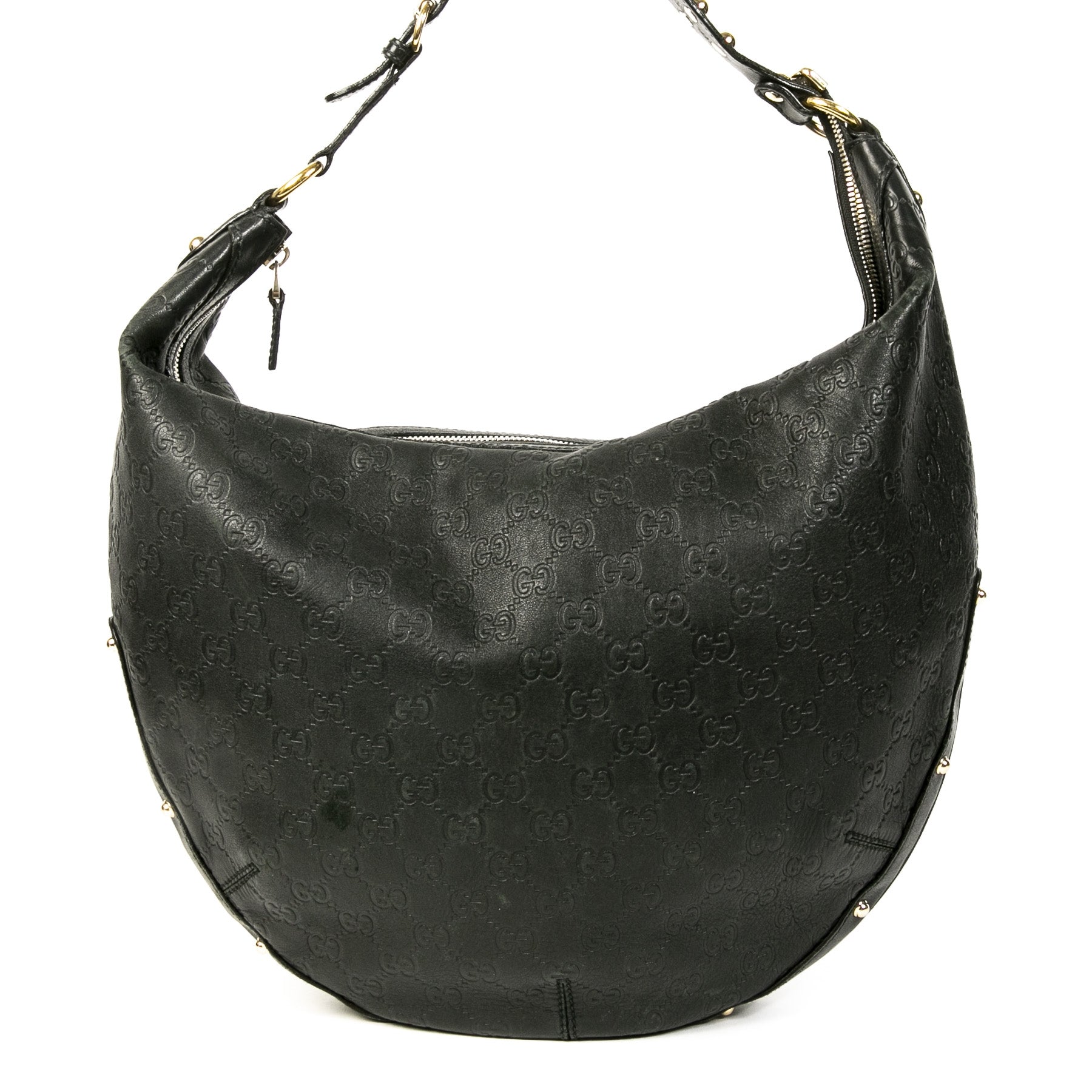 Authentieke Tweedehands Gucci Black Monogram Leather Studded Hobo Shoulder Bag juiste prijs veilig online shoppen luxe merken webshop winkelen Antwerpen België mode fashion