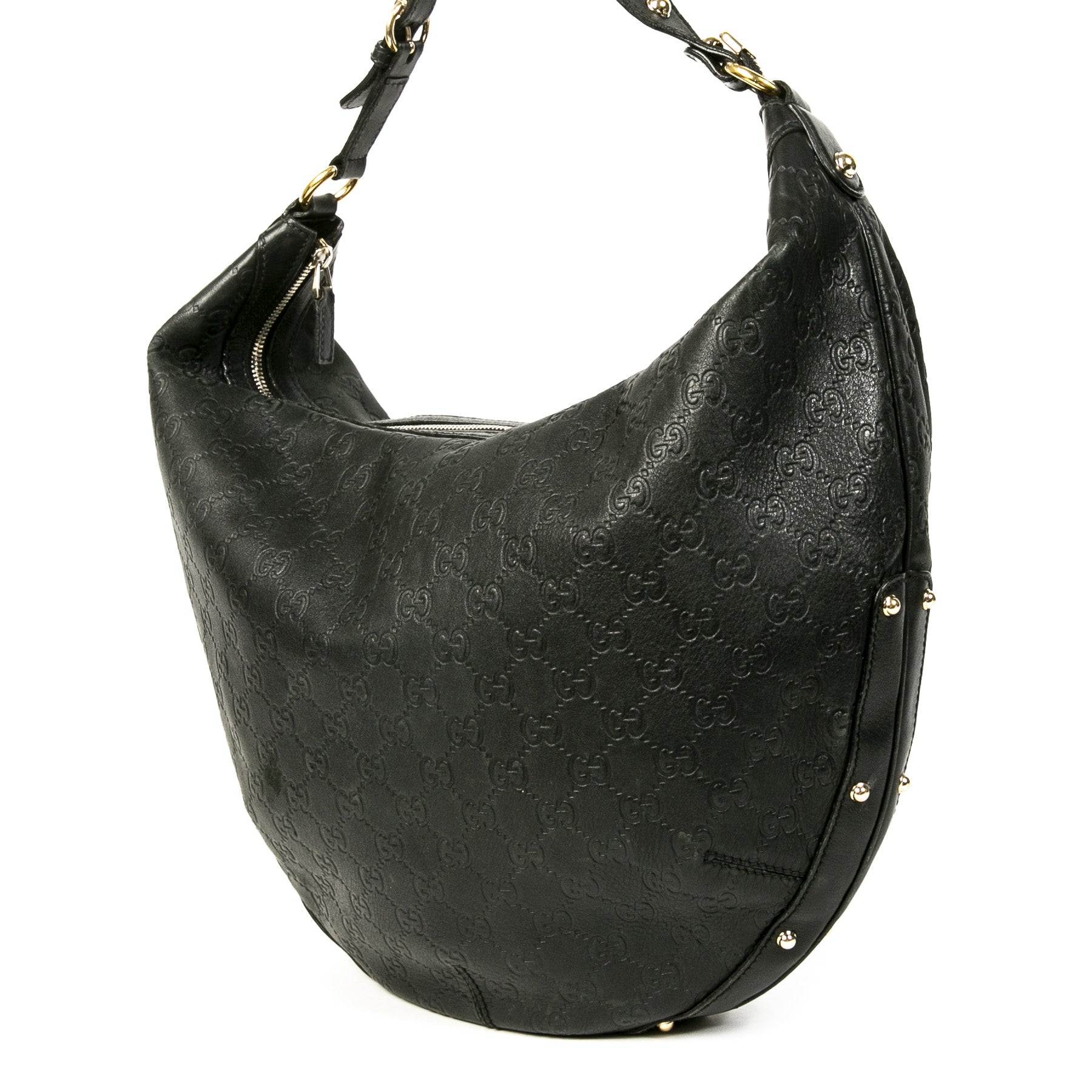 Authentieke Tweedehands Gucci Black Monogram Leather Studded Hobo Shoulder Bag juiste prijs veilig online shoppen luxe merken webshop winkelen Antwerpen België mode fashion