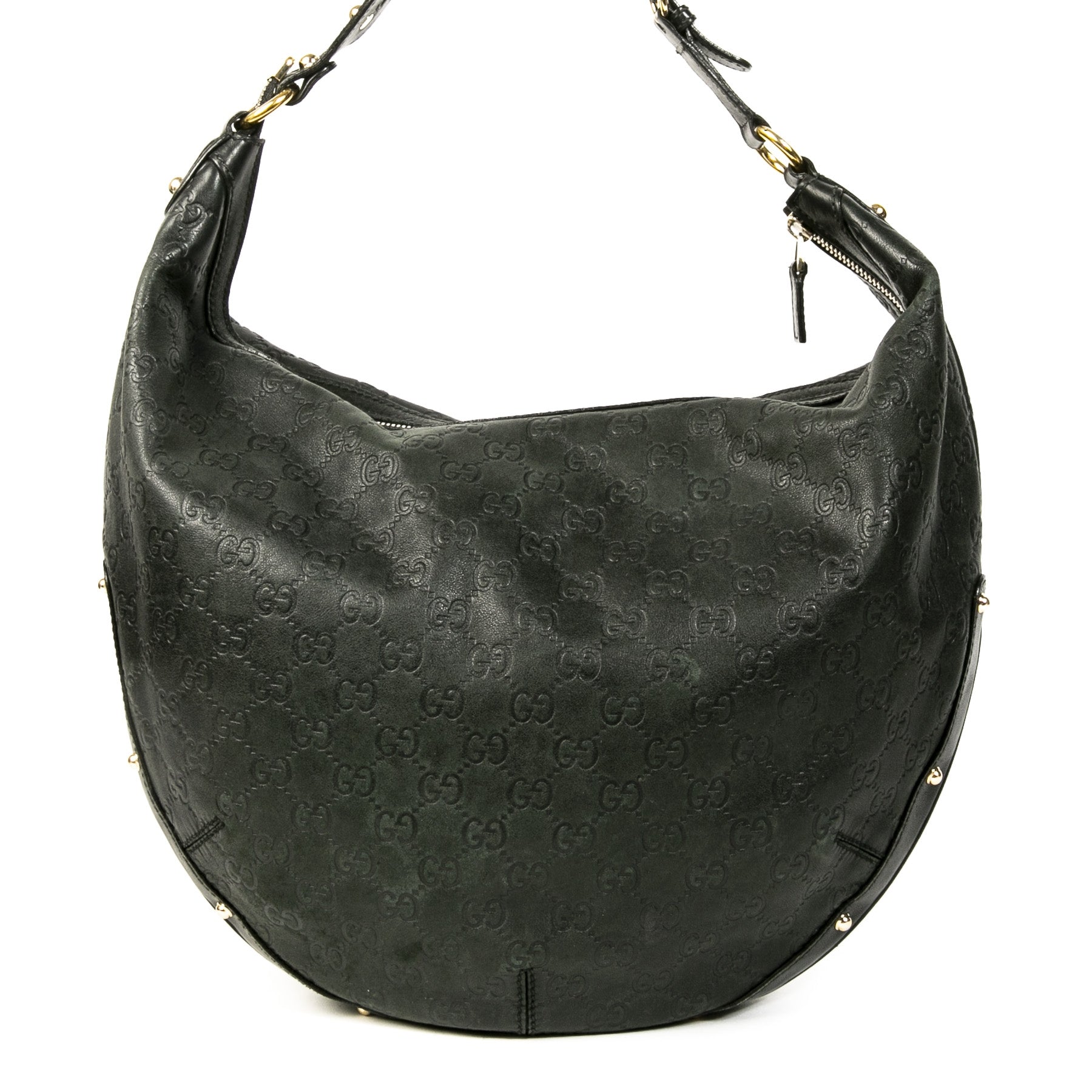 Authentieke Tweedehands Gucci Black Monogram Leather Studded Hobo Shoulder Bag juiste prijs veilig online shoppen luxe merken webshop winkelen Antwerpen België mode fashion