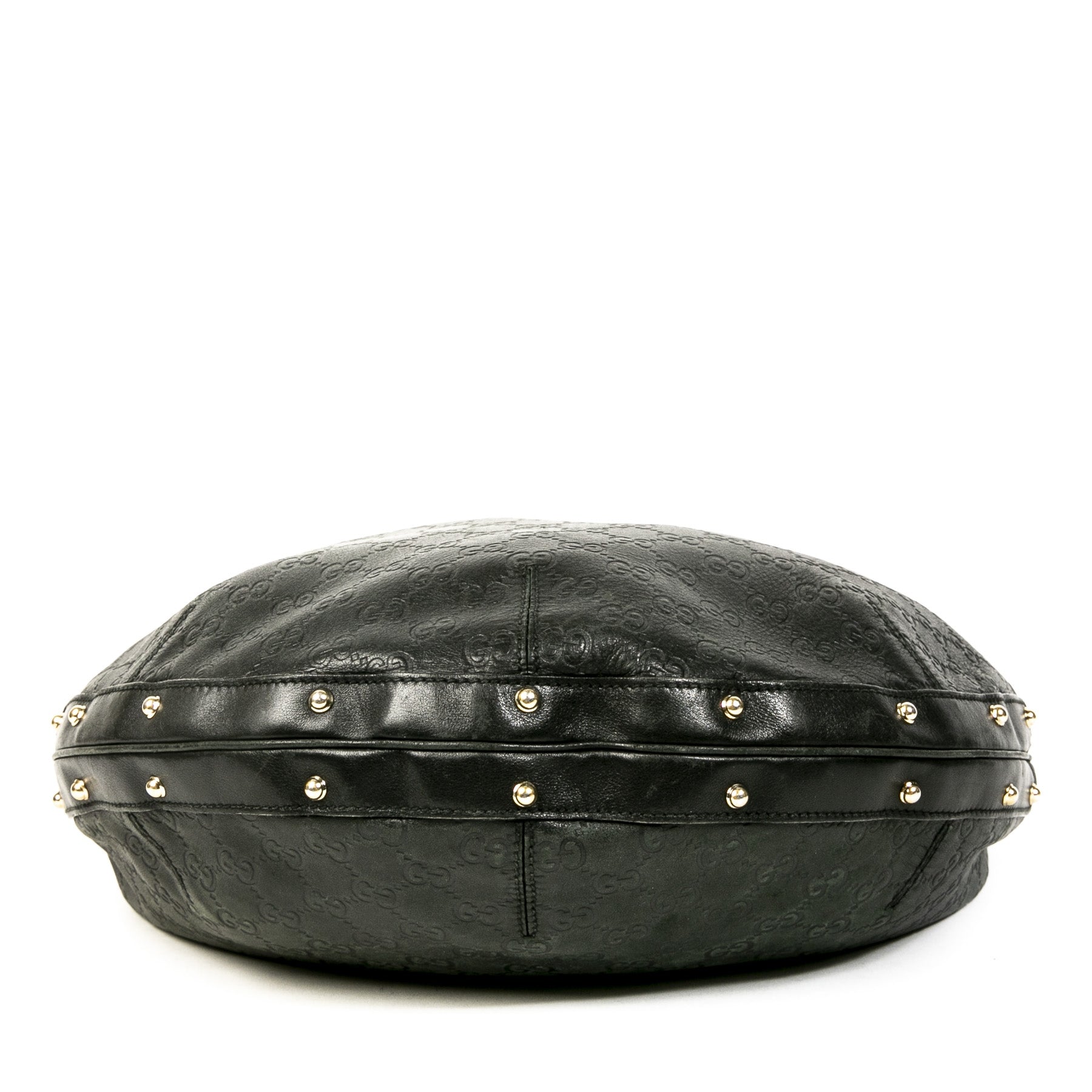 Authentieke Tweedehands Gucci Black Monogram Leather Studded Hobo Shoulder Bag juiste prijs veilig online shoppen luxe merken webshop winkelen Antwerpen België mode fashion