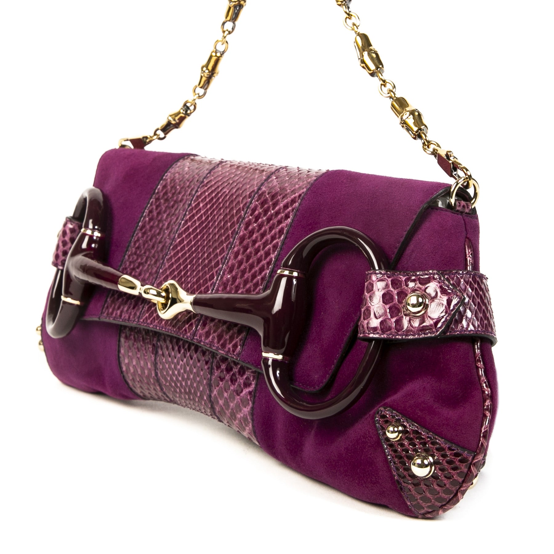 Authentieke tweedehands vintage Gucci Purple Python Horsebit Clutch koop online webshop LabelLOV