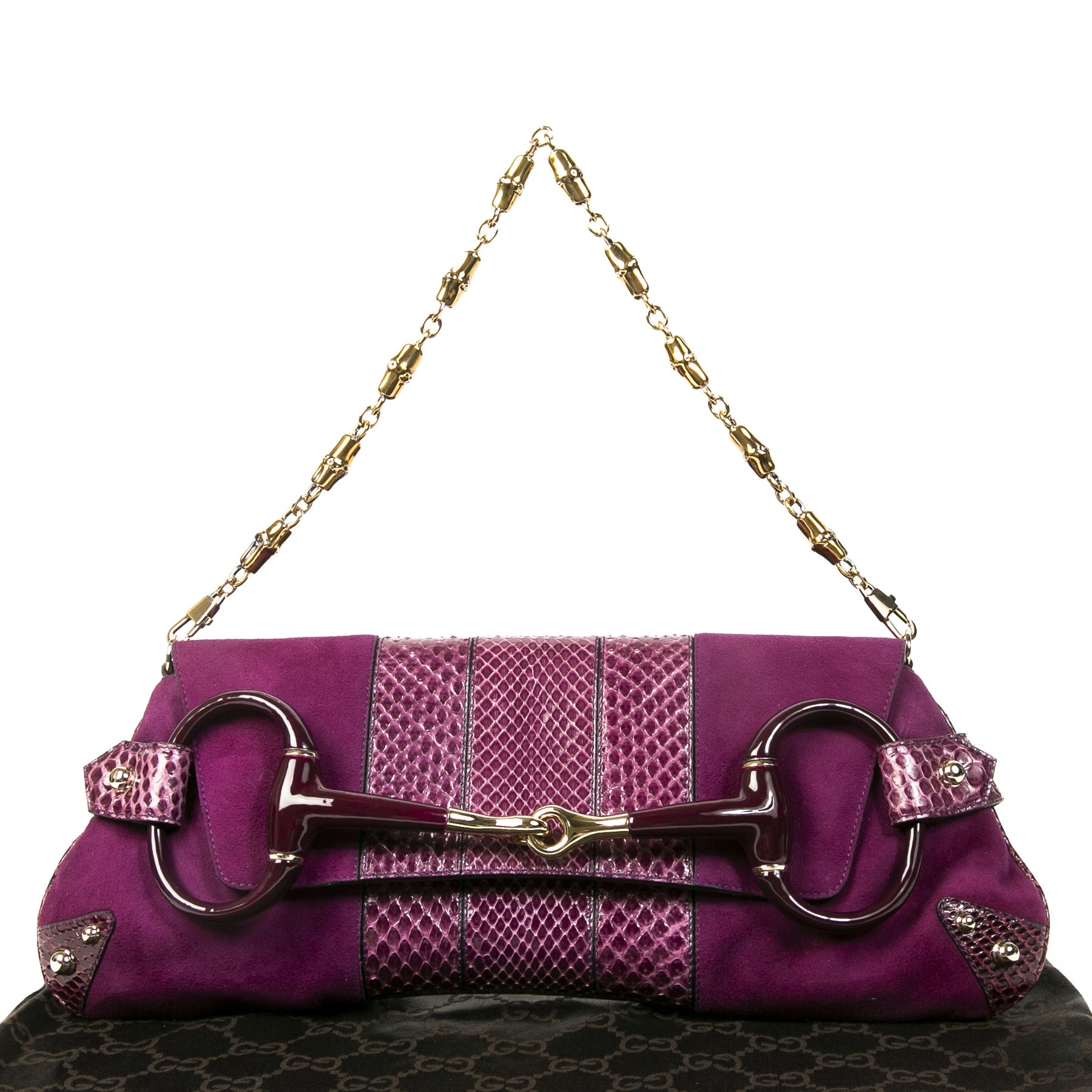 Authentique seconde main vintage Gucci Purple Python Horsebit Clutch achète en ligne webshop LabelLOV