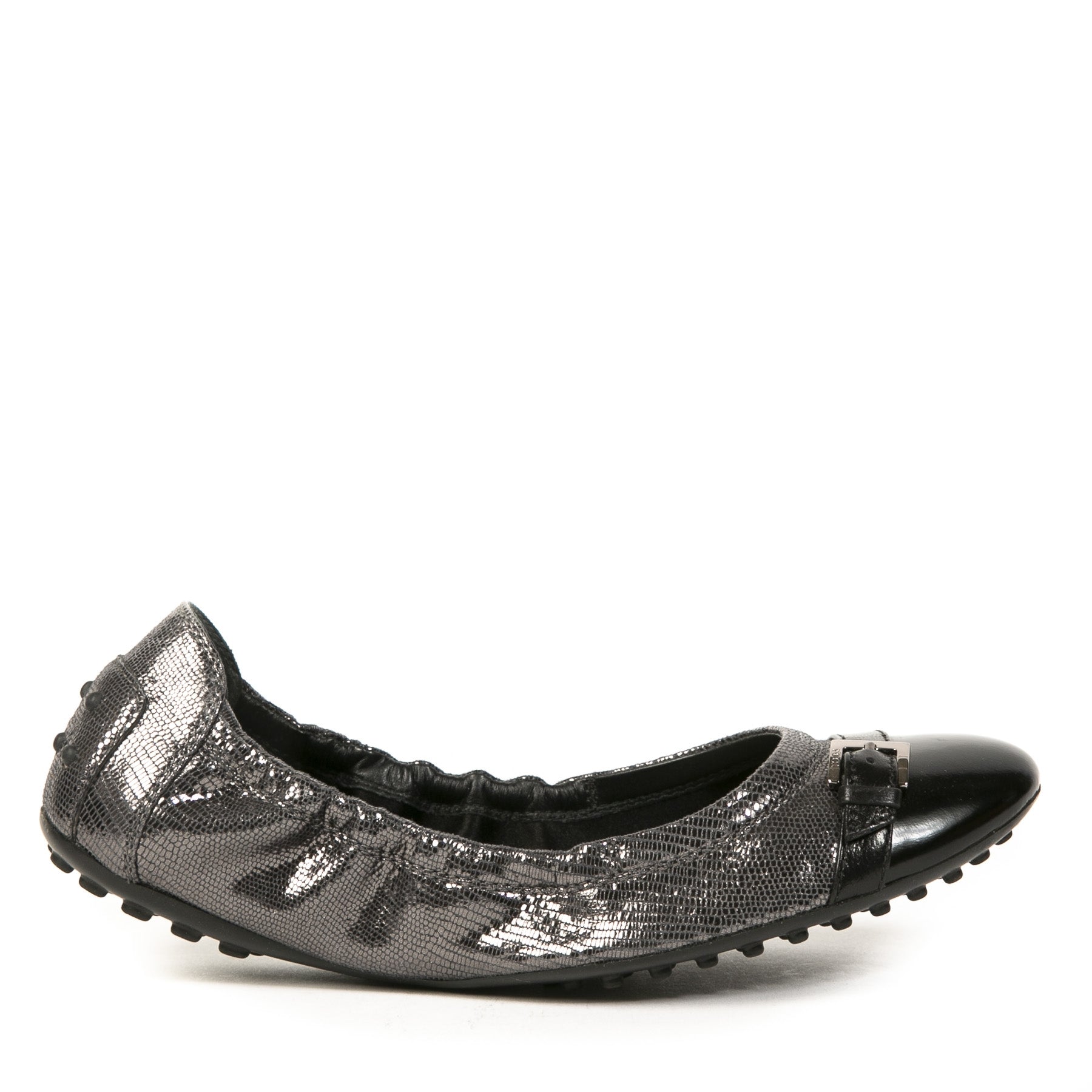 Tods Metallic Silver Leather Ballerina Flats