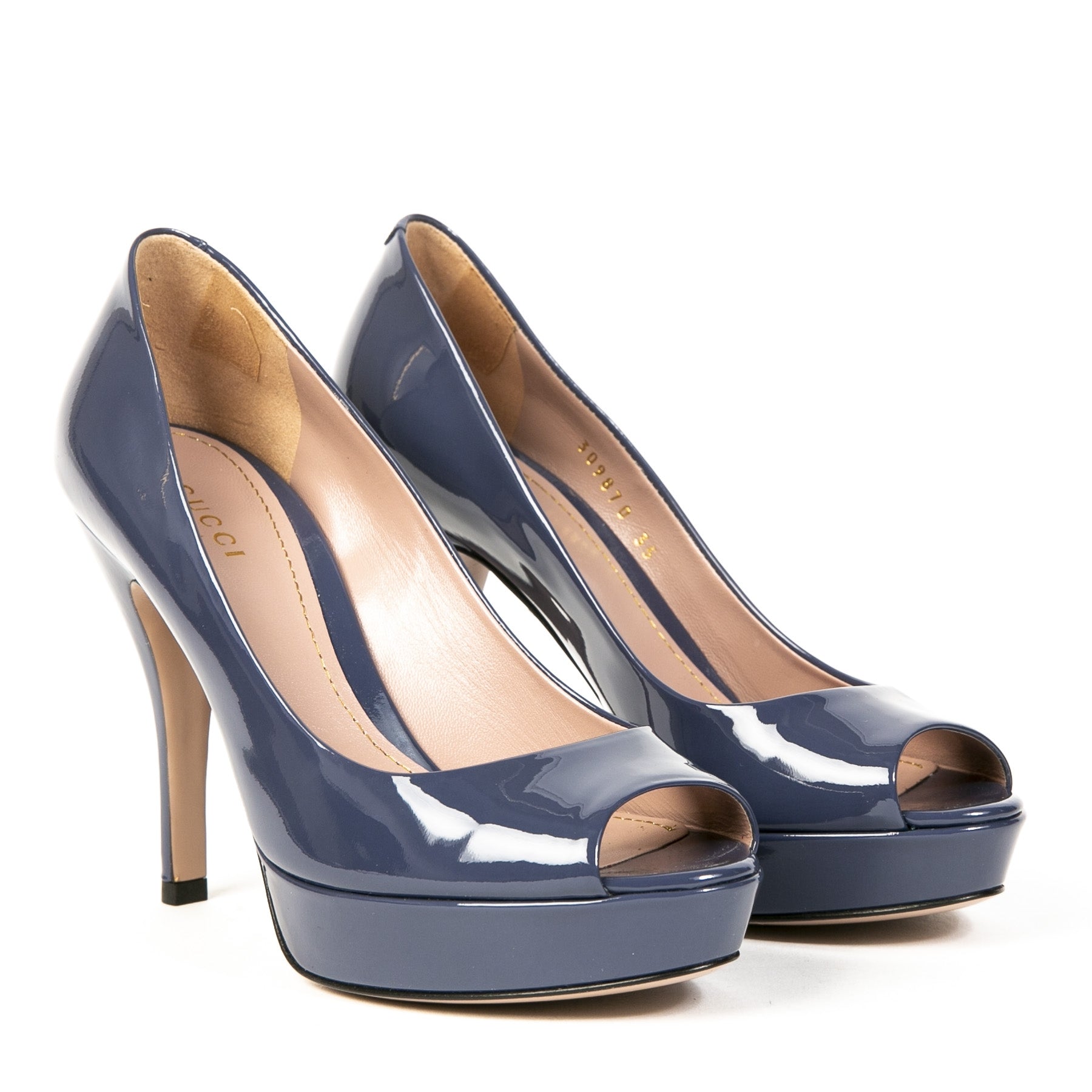 Gucci Blue Patent Leather Peep-Toe Platform Pumps
