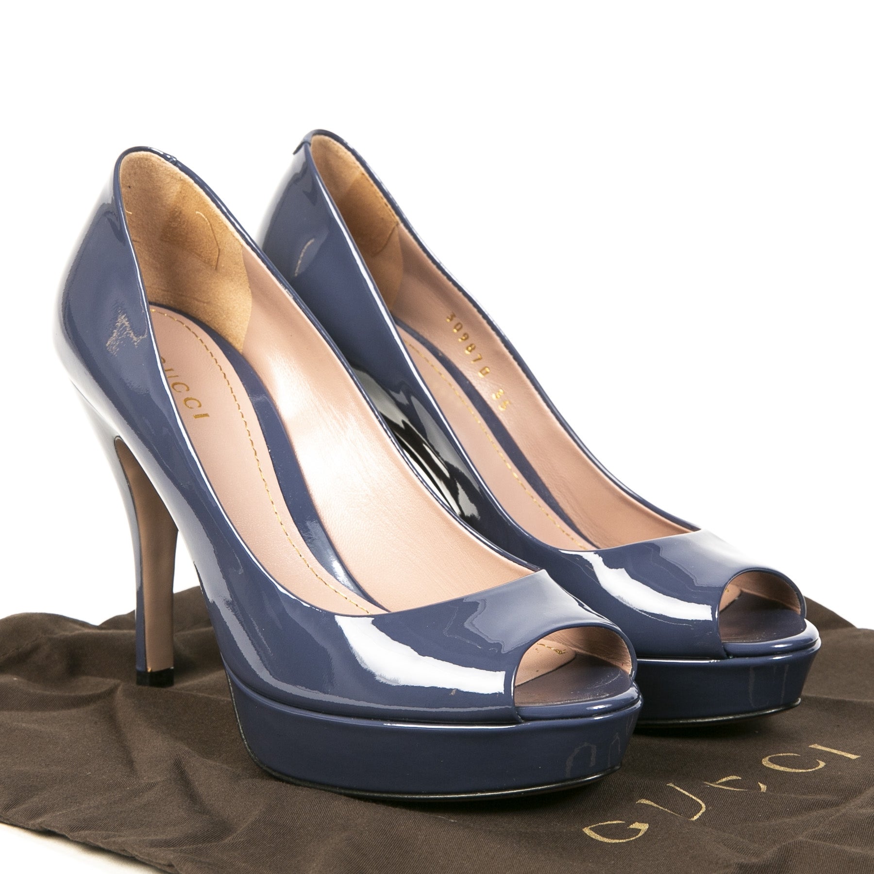 Gucci Blue Patent Leather Peep-Toe Platform Pumps