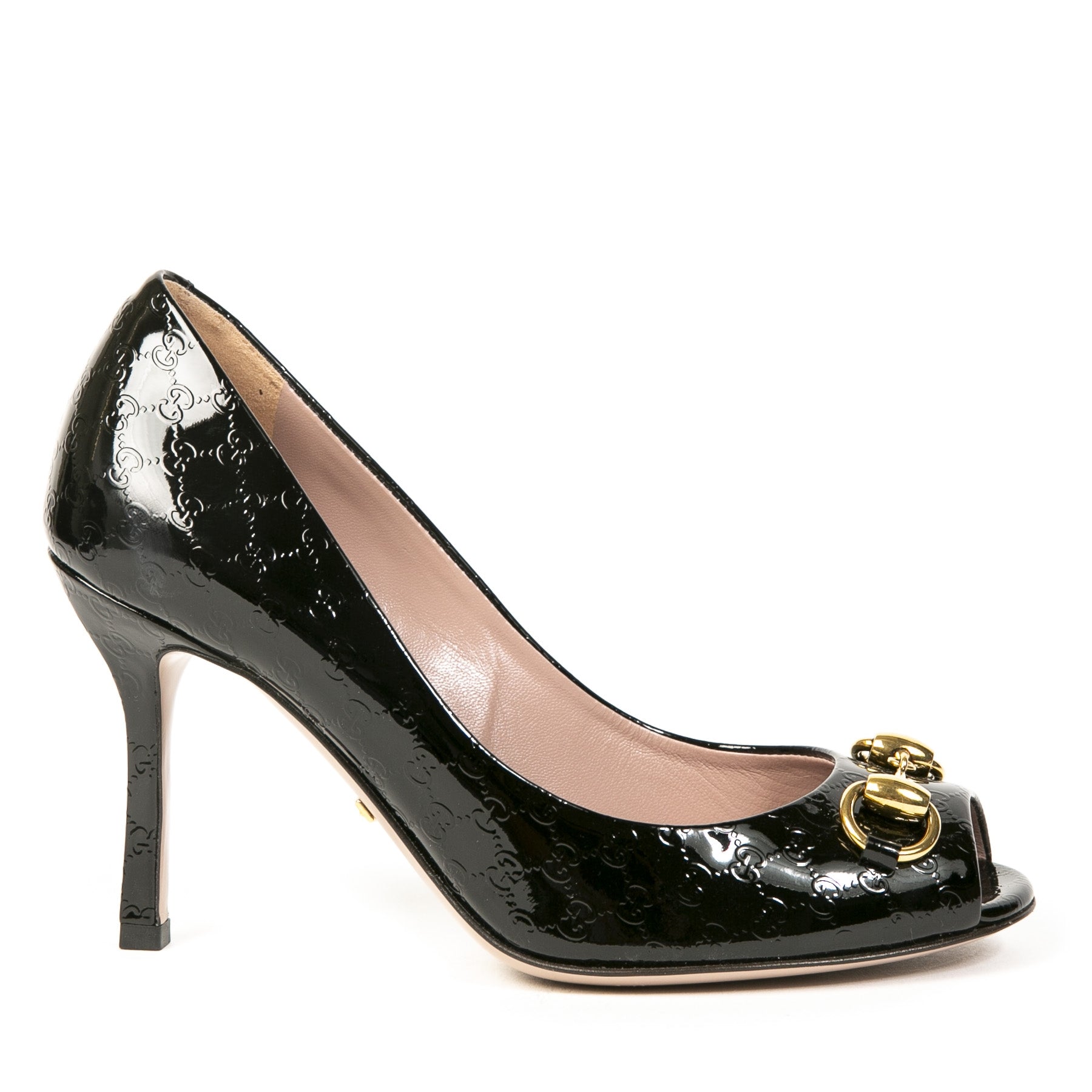 Gucci Black Monogram Patent Leather Horsebit Pumps