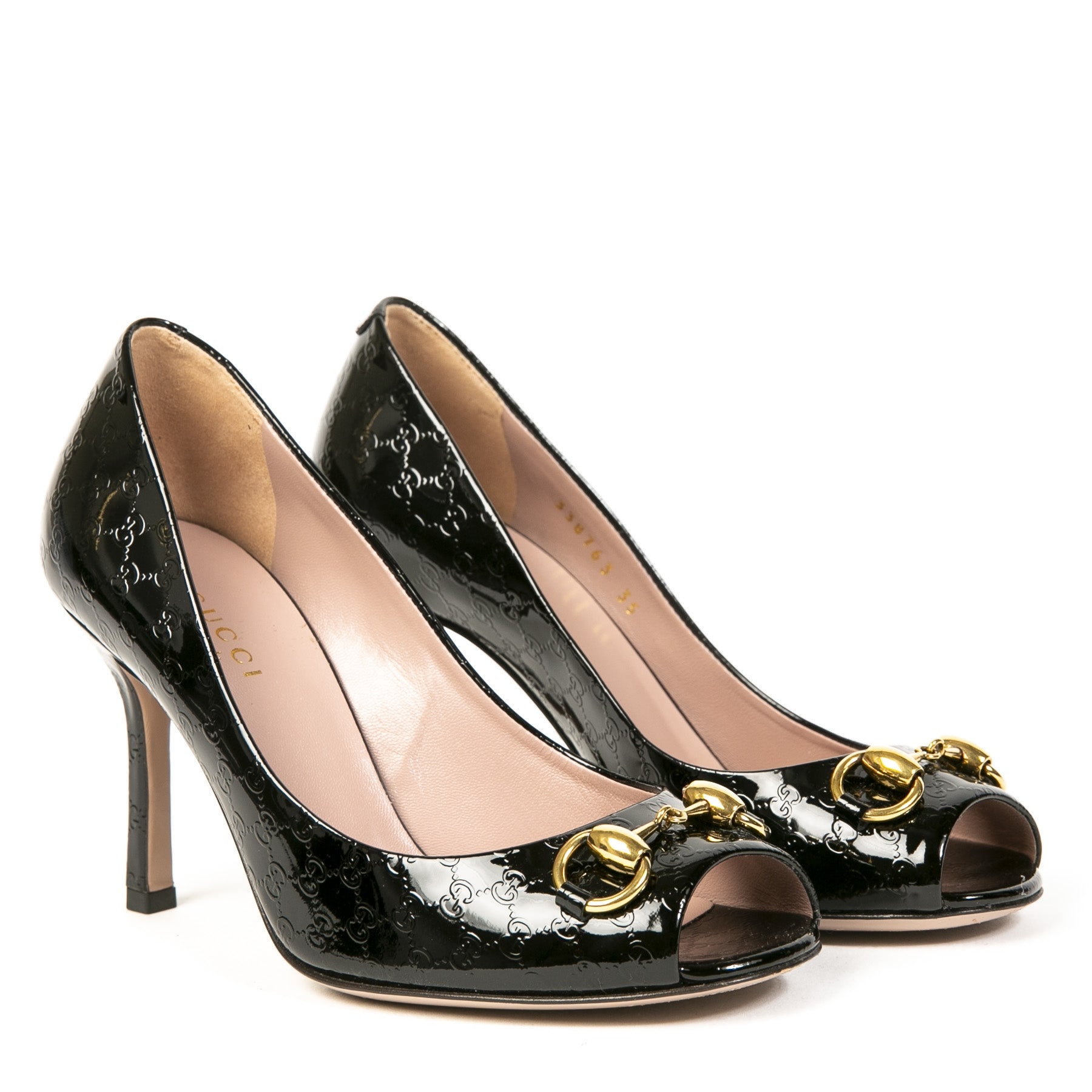 Gucci Black Monogram Patent Leather Horsebit Pumps