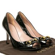 Gucci Black Monogram Patent Leather Horsebit Pumps