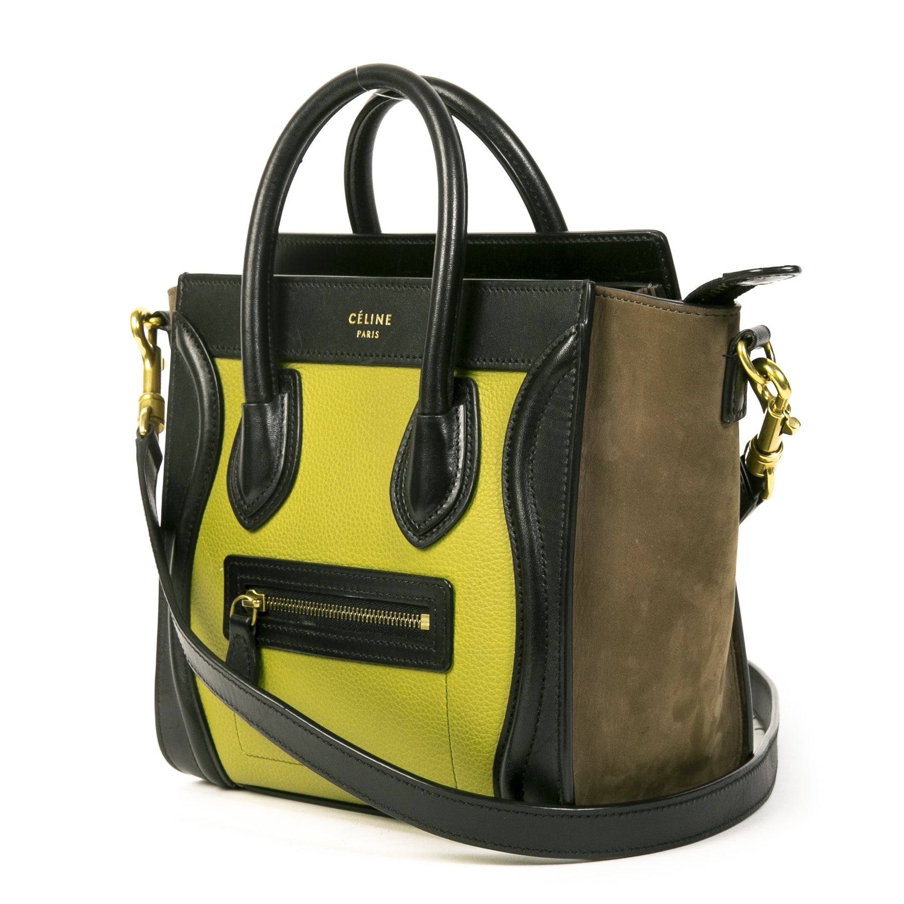 Authentieke Tweedehands Céline Nano Luggage Mint Brown Black Leather Crossbody Bag juiste prijs veilig online shoppen luxe merken webshop winkelen Antwerpen België mode fashion