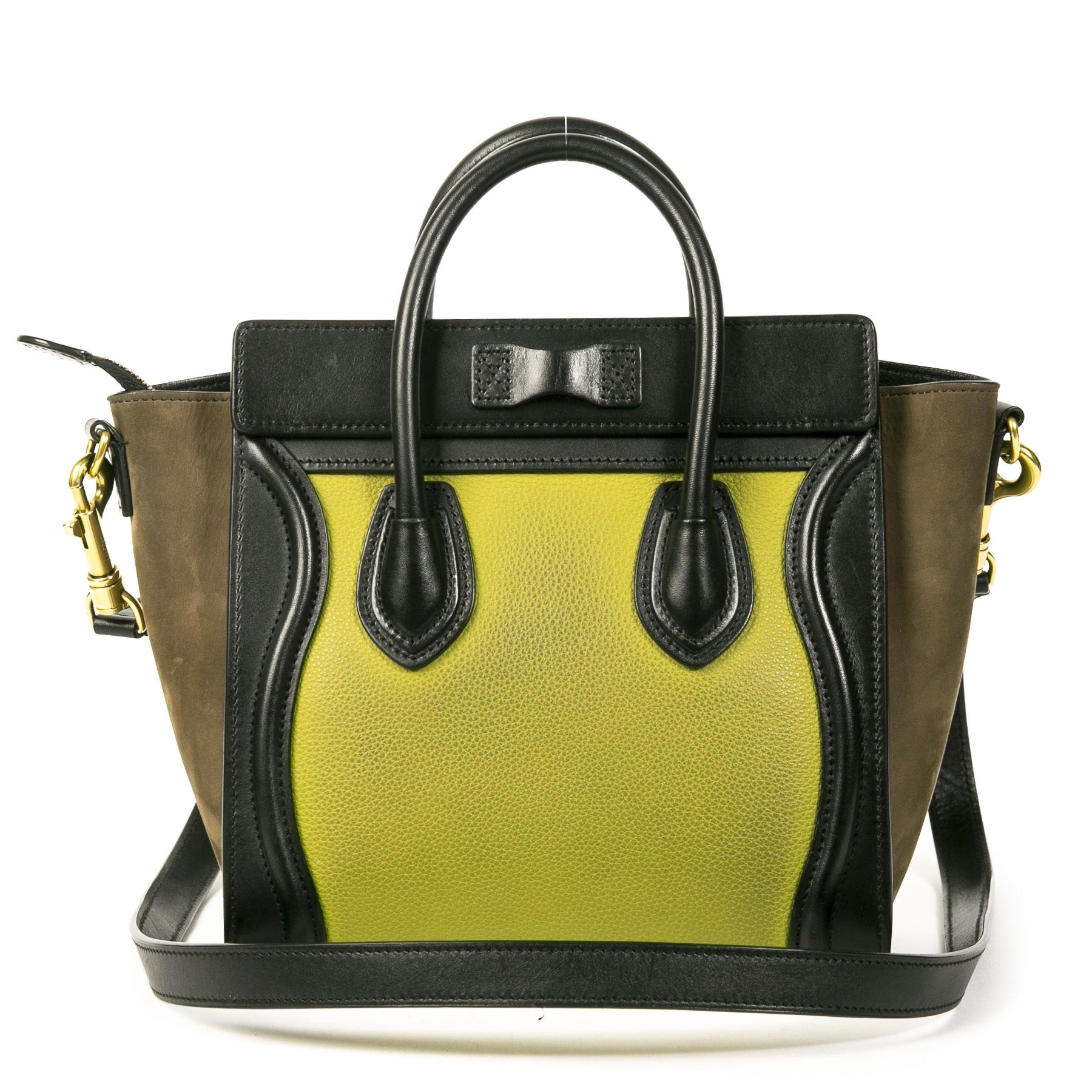 Authentieke Tweedehands Céline Nano Luggage Mint Brown Black Leather Crossbody Bag juiste prijs veilig online shoppen luxe merken webshop winkelen Antwerpen België mode fashion
