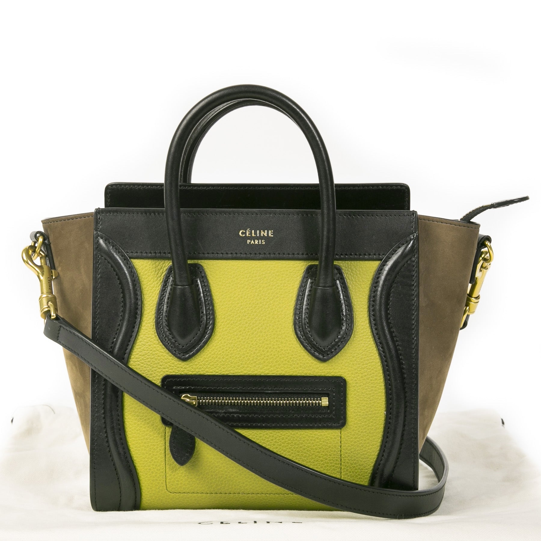 Authentieke Tweedehands Céline Nano Luggage Mint Brown Black Leather Crossbody Bag juiste prijs veilig online shoppen luxe merken webshop winkelen Antwerpen België mode fashion